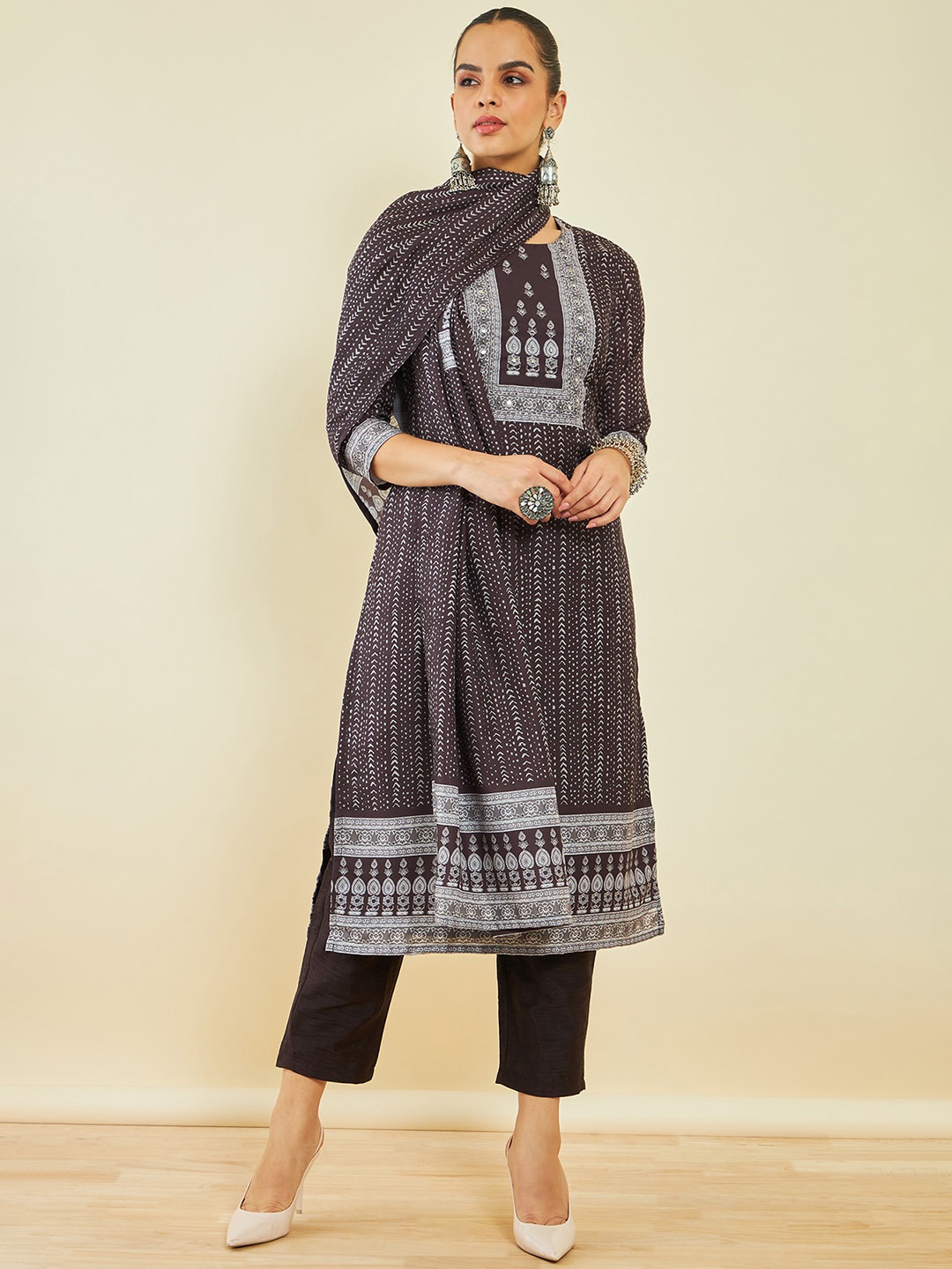 

Soch Ethnic Motifs Printed Regular Beads and Stones Kurta With Trousers & Dupatta, Brown