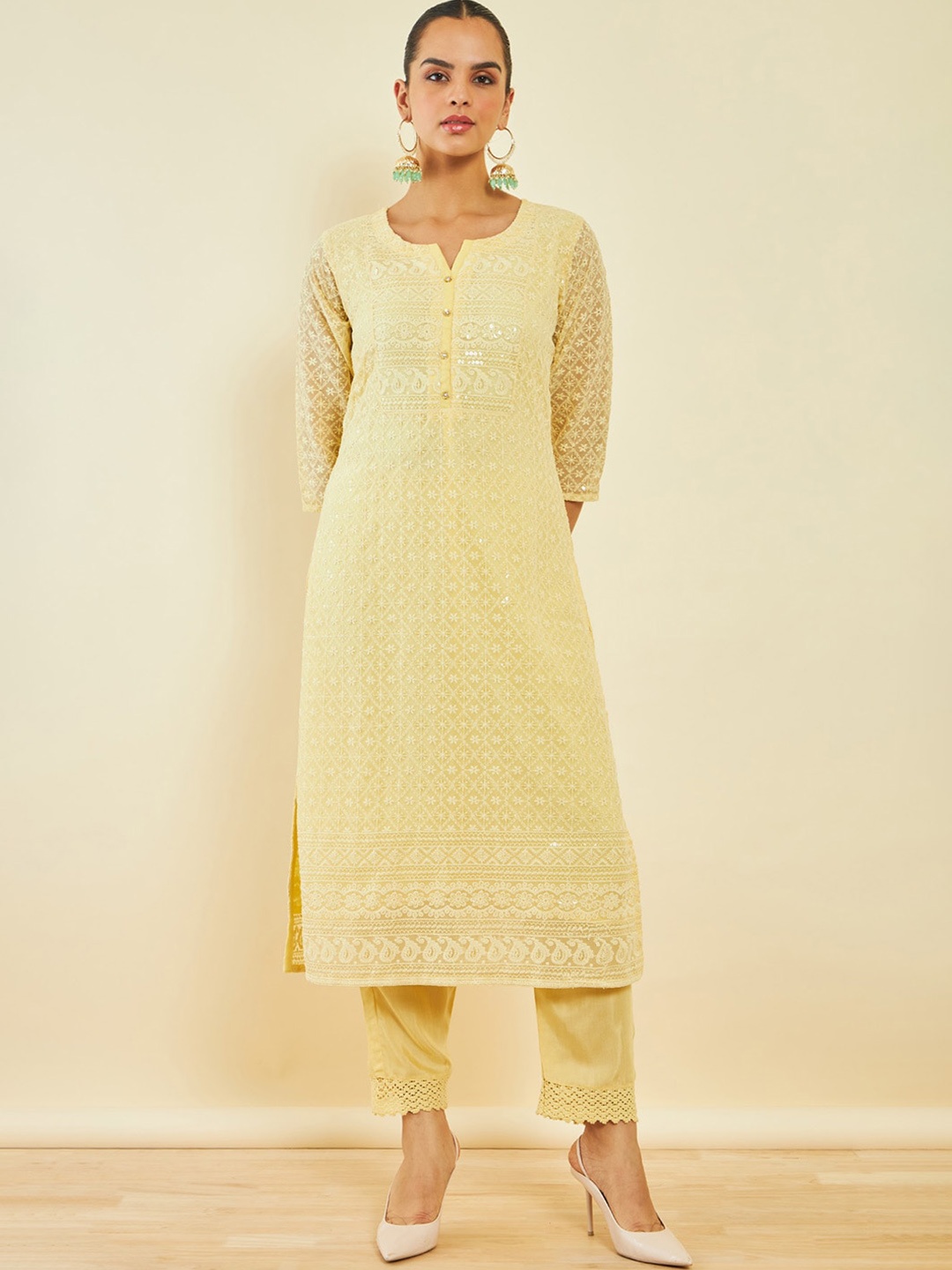 

Soch Ethnic Motifs Embroidered Sequinned Kurta With Trousers & Dupatta, Yellow