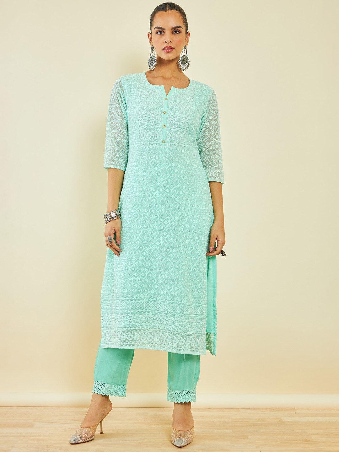 

Soch Floral Embroidered Regular Thread Work Kurta With Trousers & Dupatta, Green