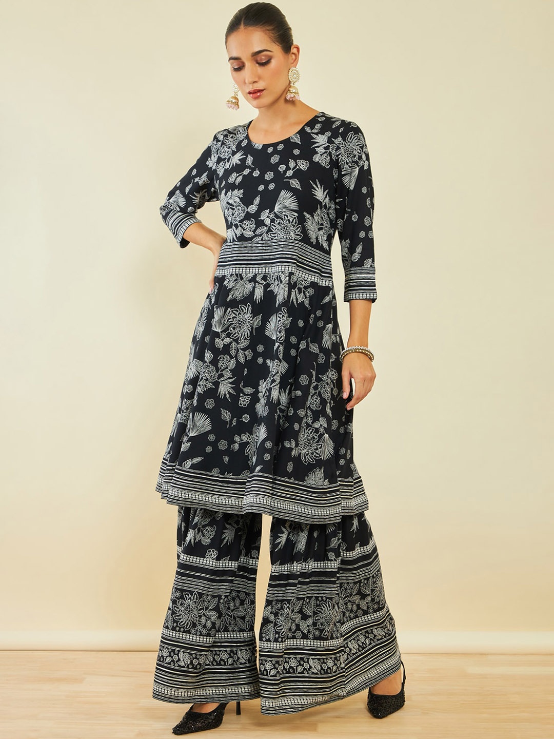 

Soch Floral Printed Round Neck Anarkali Kurta with Sharara, Black
