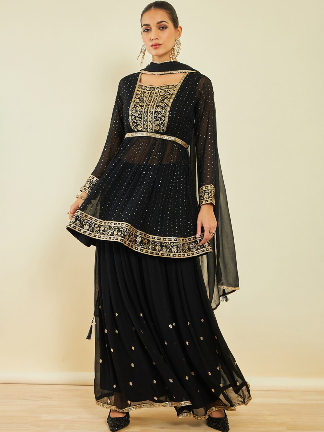 

Soch Floral Embroidered Empire Square Neck Kurta with Palazzos & Dupatta, Black