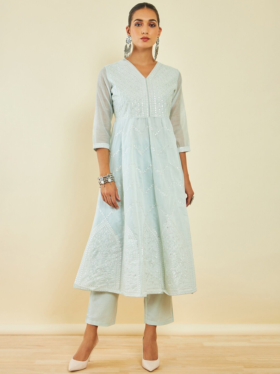 

Soch Empire Mirror Work Chanderi Silk Kurta with Trousers & Dupatta, Blue