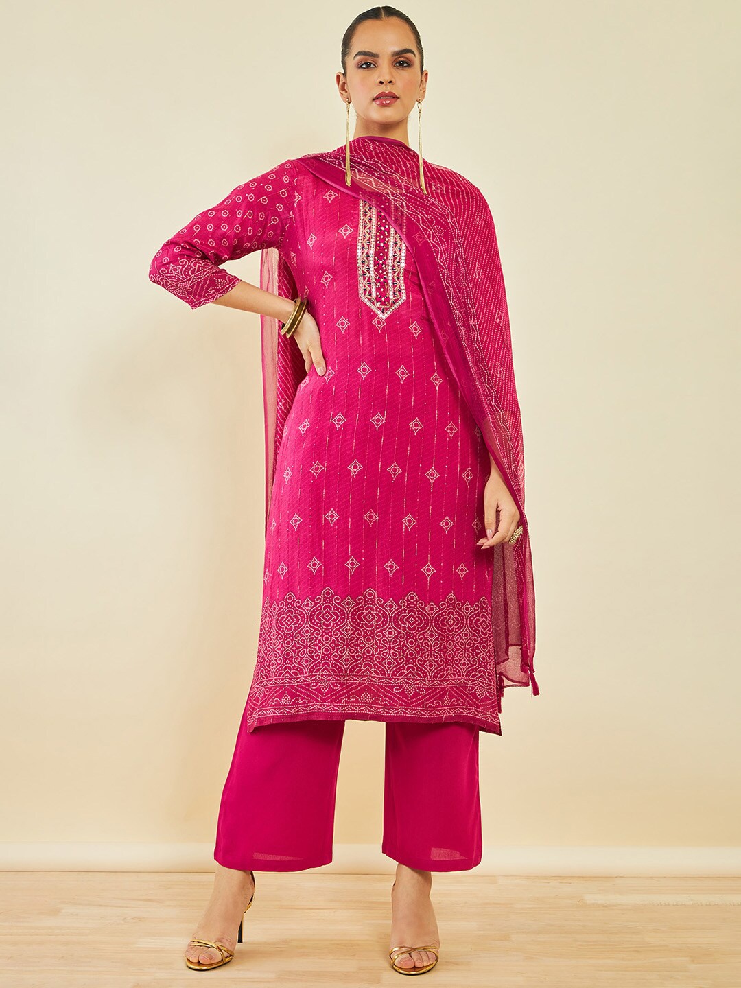 

Soch Bandhani Printed Mirror Work Kurta with Trousers & Dupatta, Pink
