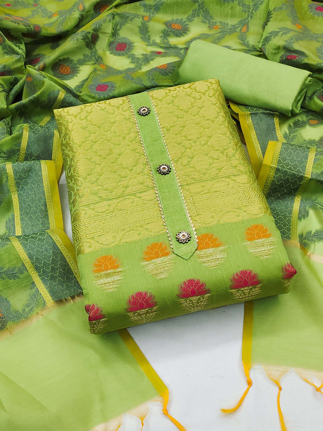 

KALINI Floral Woven Design Zari Unstitched Dress Material, Green
