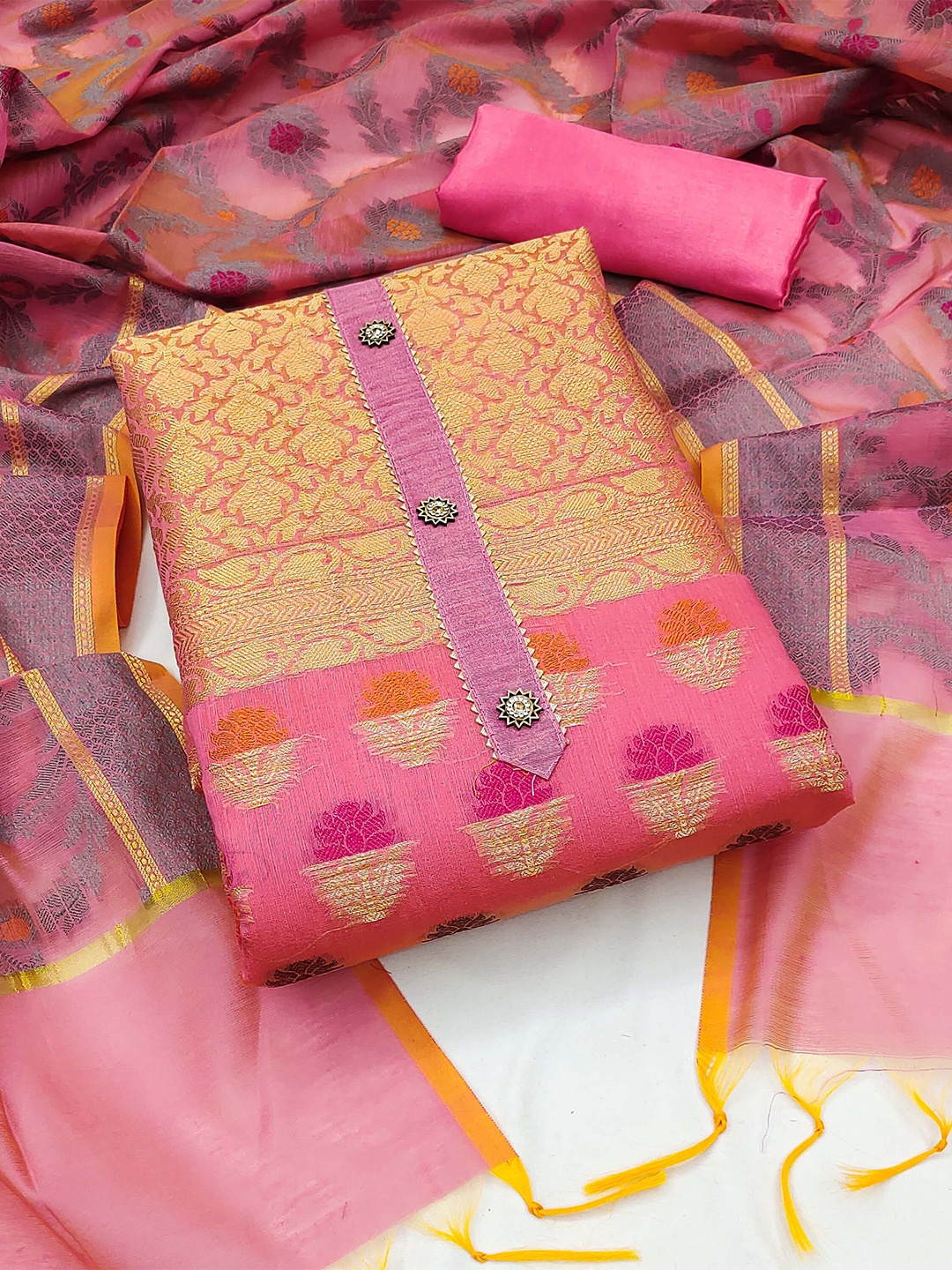 

KALINI Ethnic Motif Woven Design Unstitched Dress Material, Pink