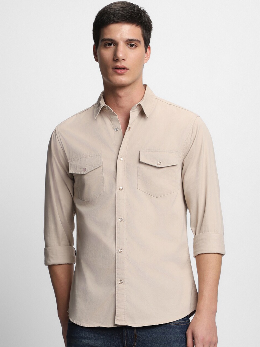 

Dennis Lingo Comfort Slim Fit Spread Collar Pure Cotton Twill Casual Shirt, Beige