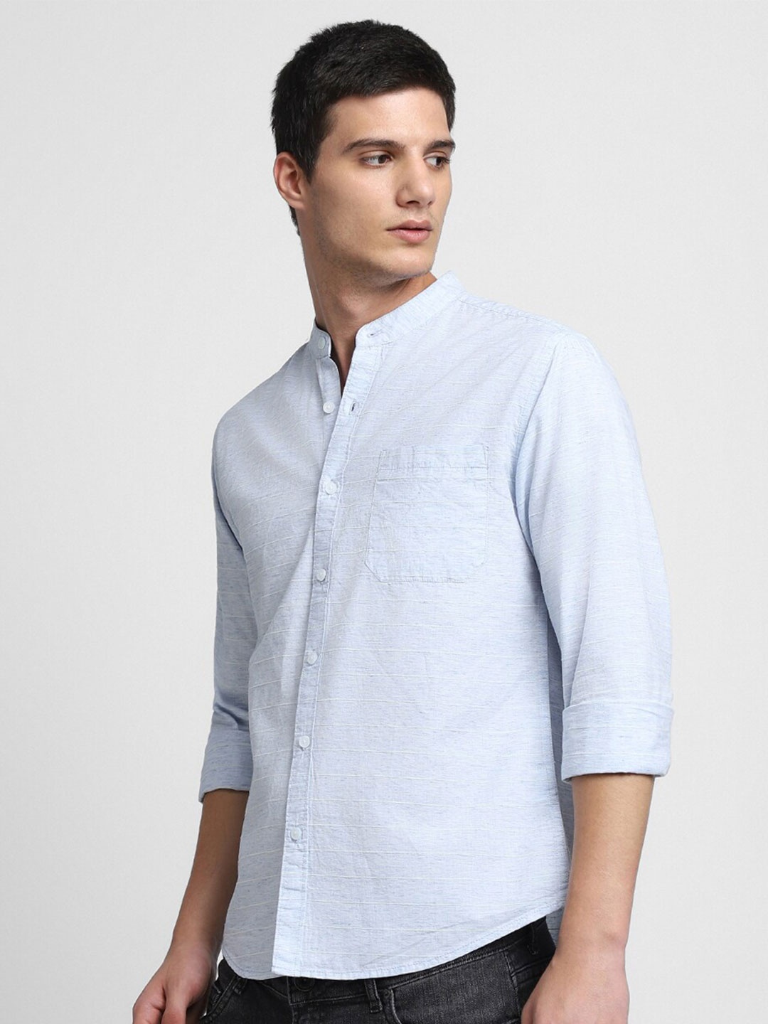 

Dennis Lingo Comfort Slim Fit Mandarin Collar Pure Cotton Casual Shirt, Blue