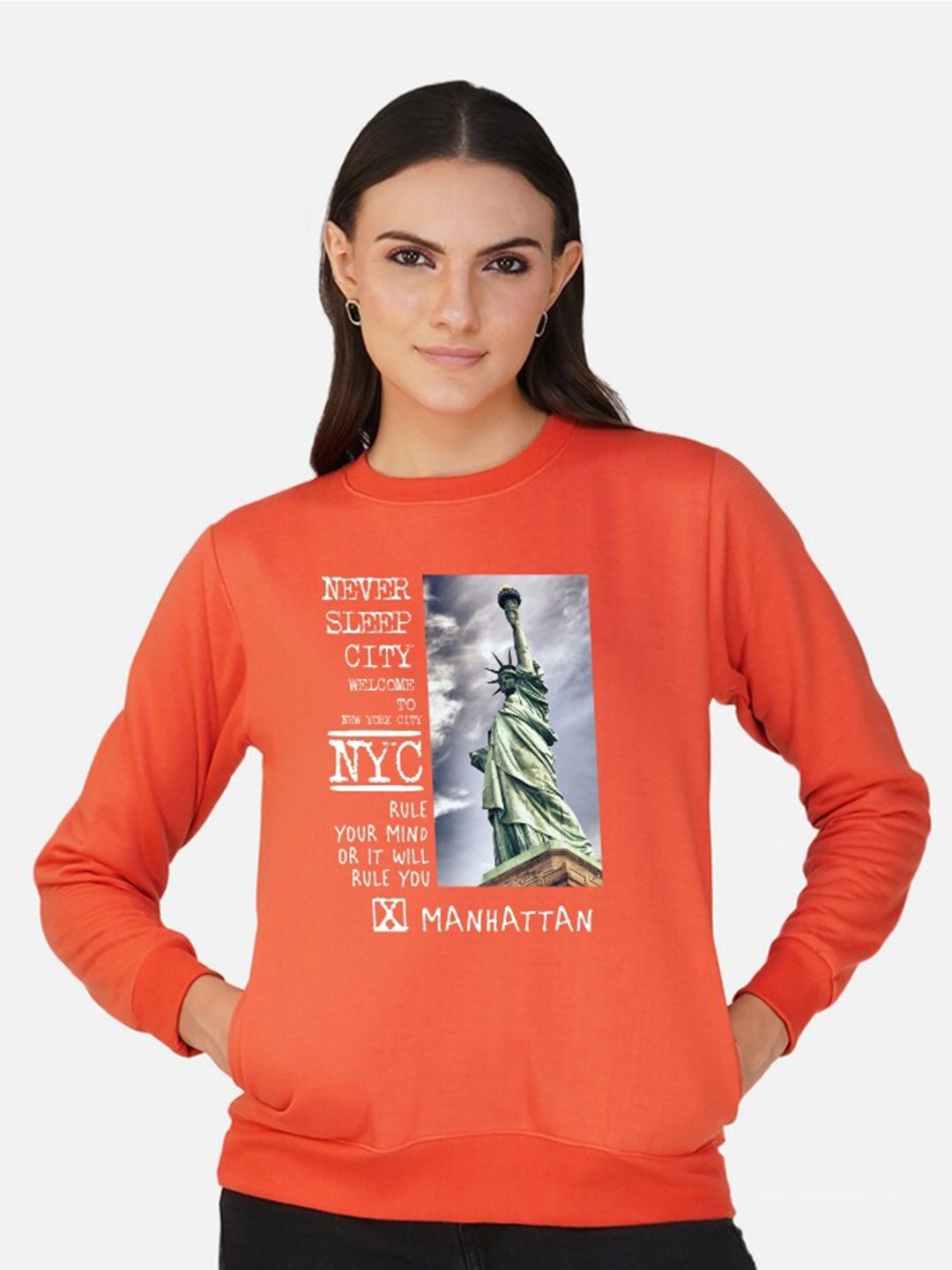 

CHOZI Women Orange Printed Sweatshirt