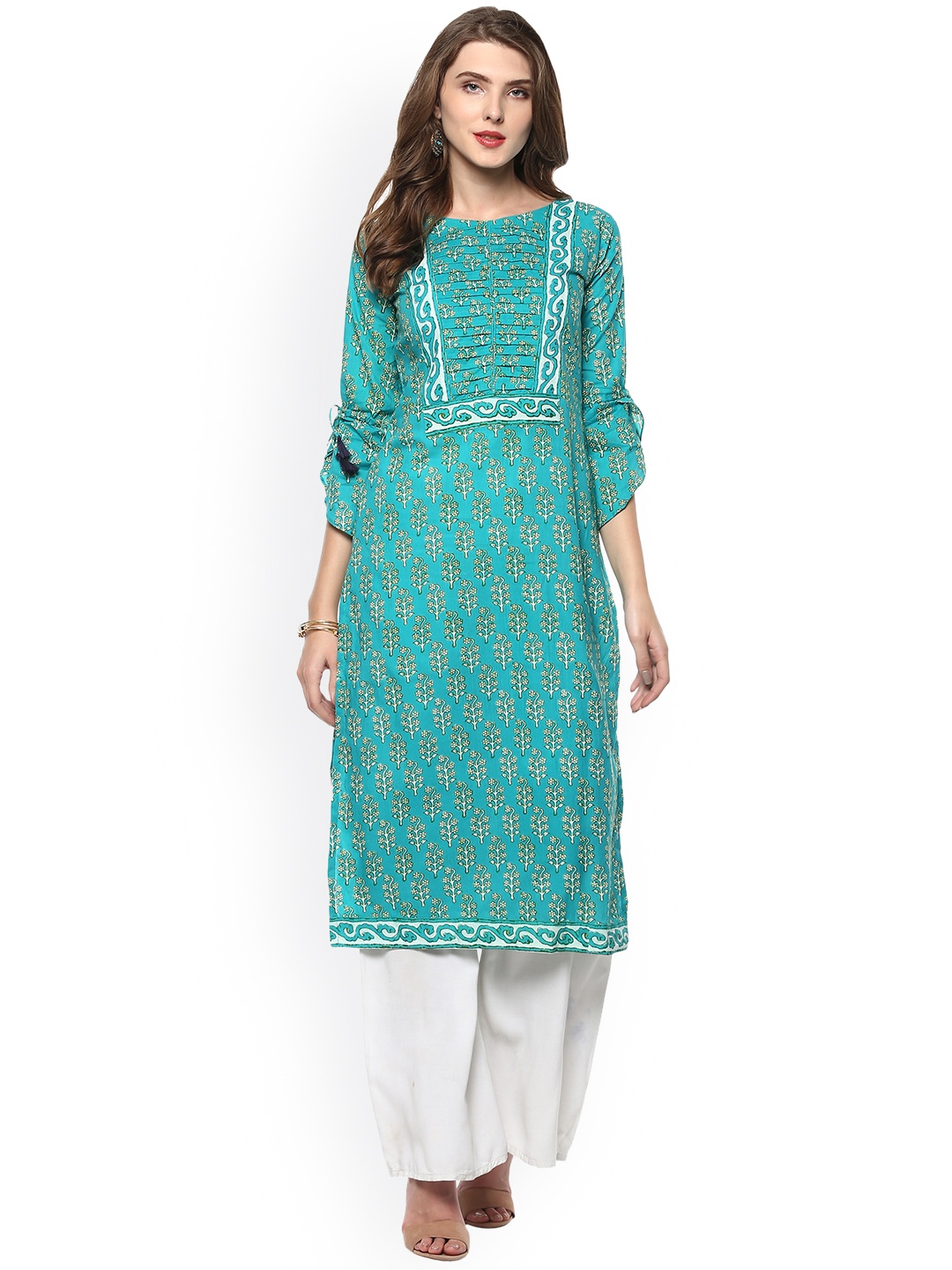 

Janasya Women Turquoise Blue Printed Straight Kurta