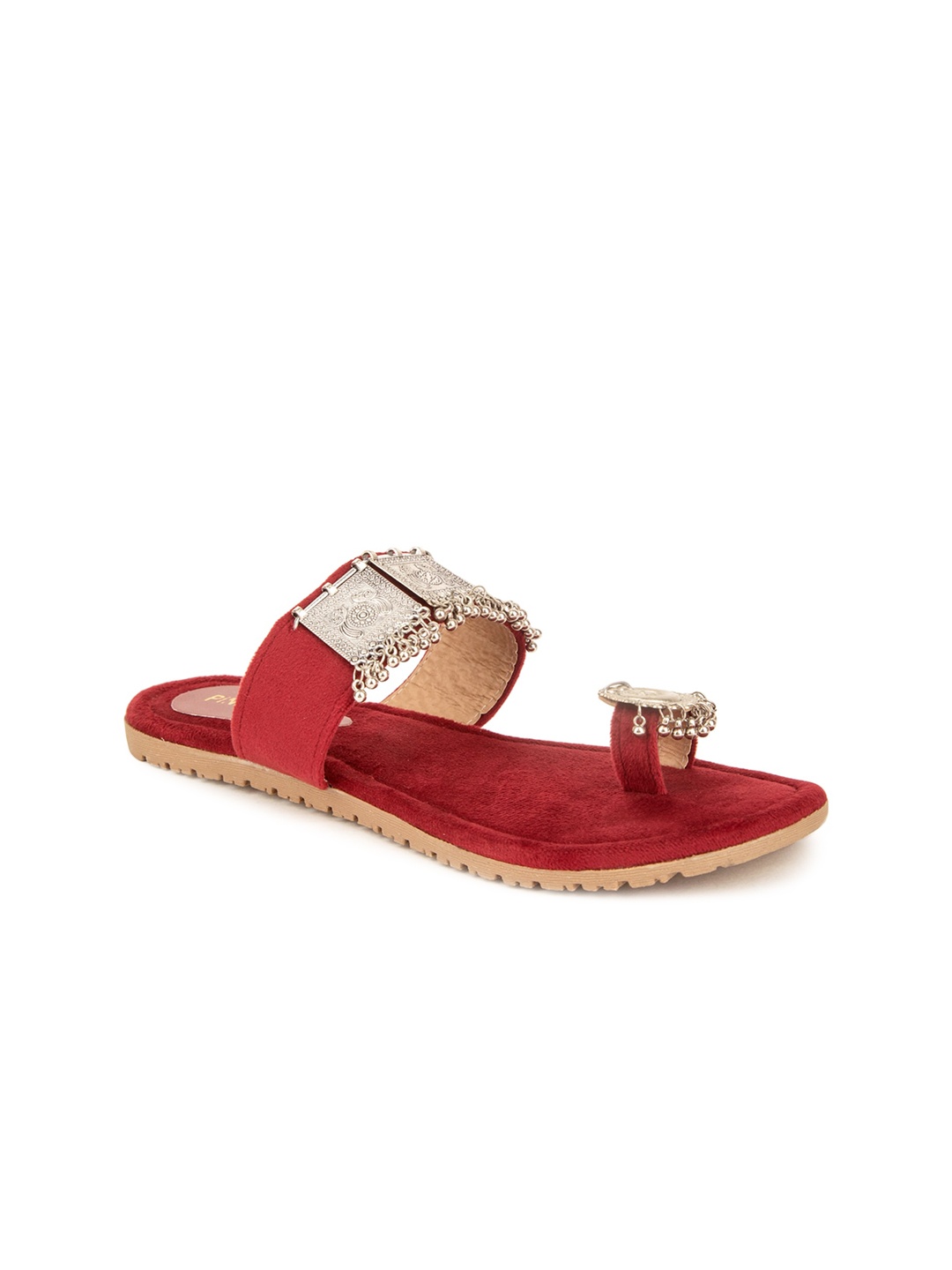 

Pink Fever Embellished Ethnic Suede One Toe Flats, Maroon