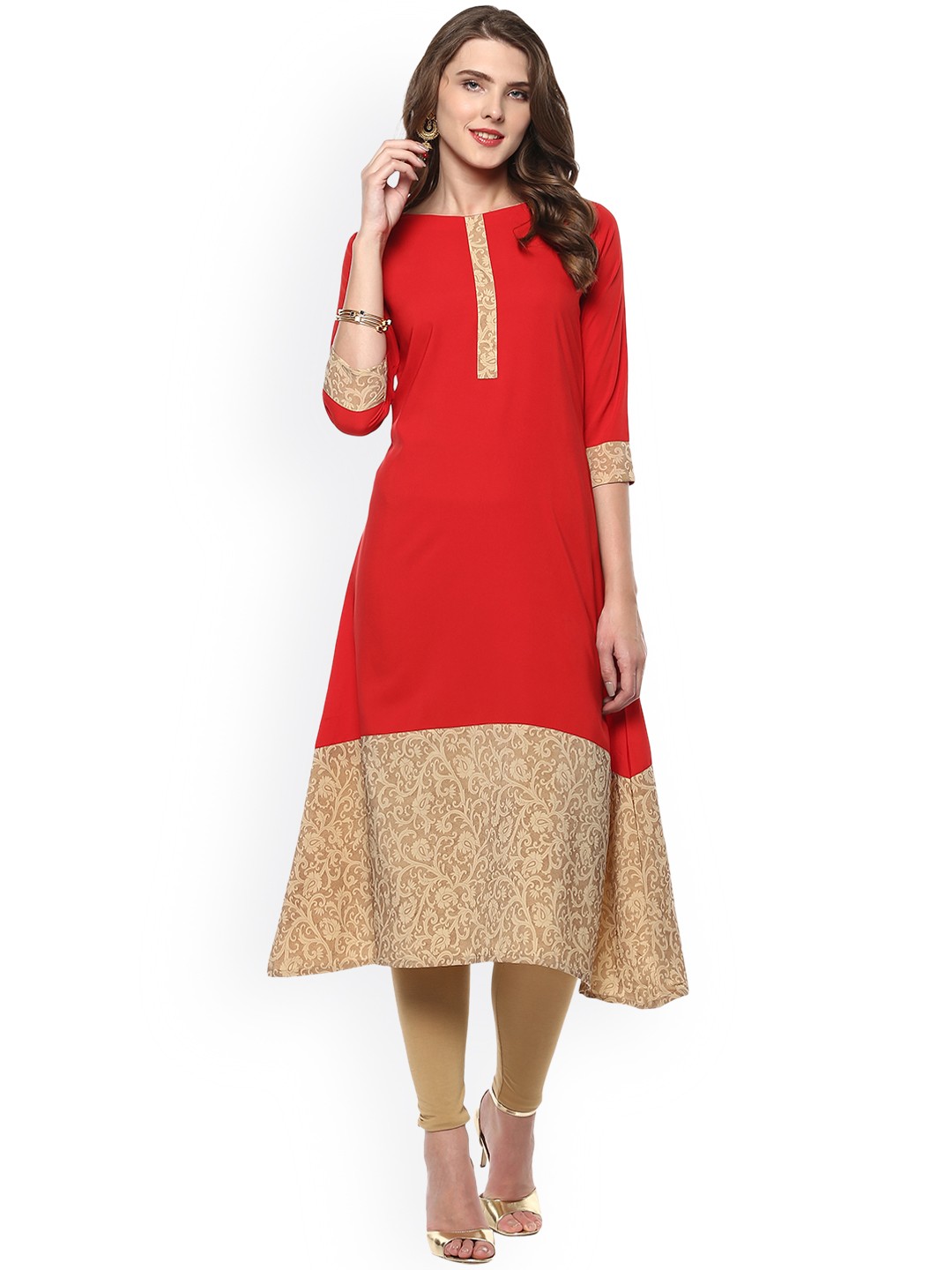 

Janasya Women Red & Beige Solid A-Line Kurta