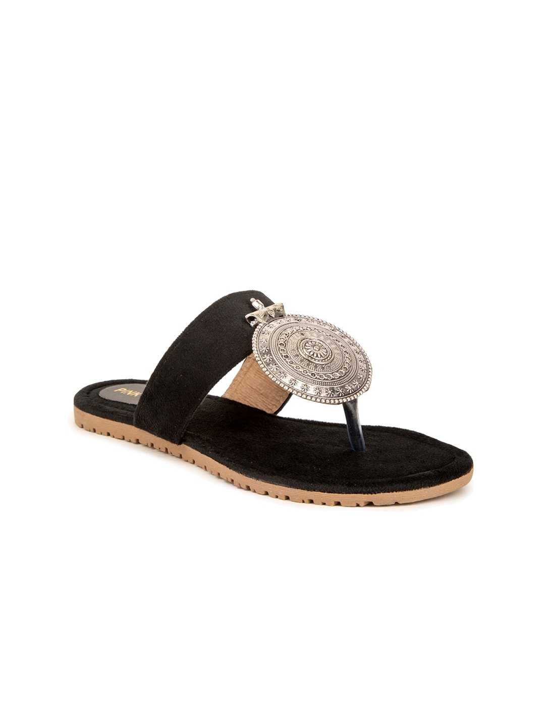 

Pink Fever Ethnic Embellished Suede T-Strap Flats, Black