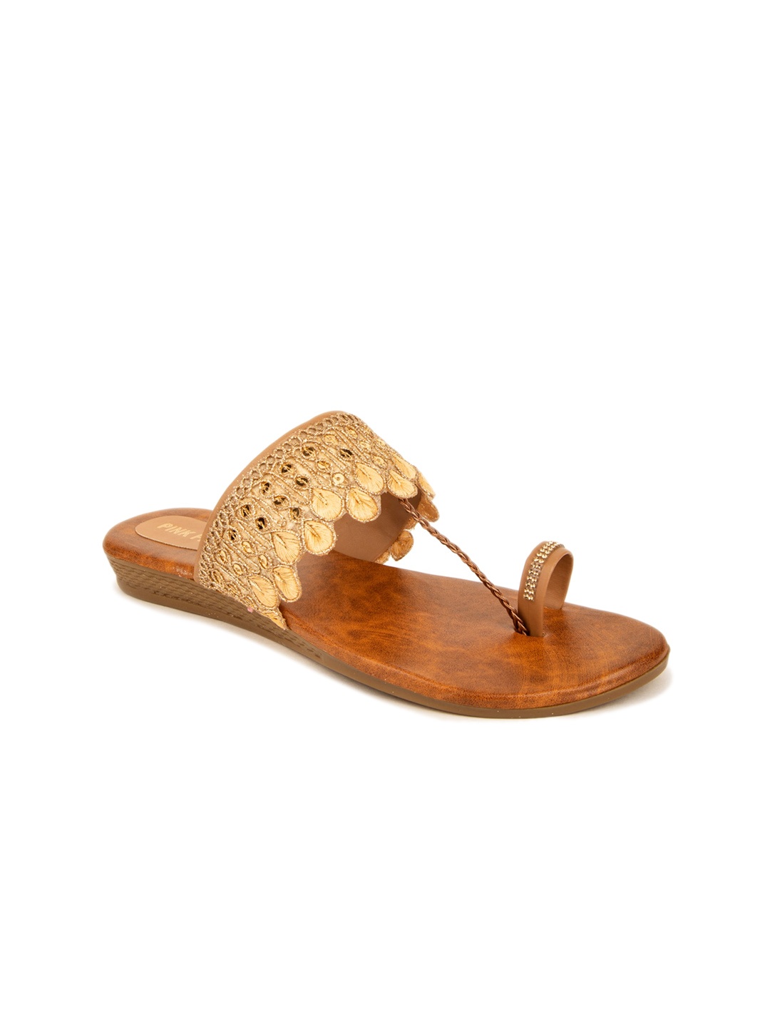 

Pink Fever Ethnic Embellished One Toe Flats, Gold
