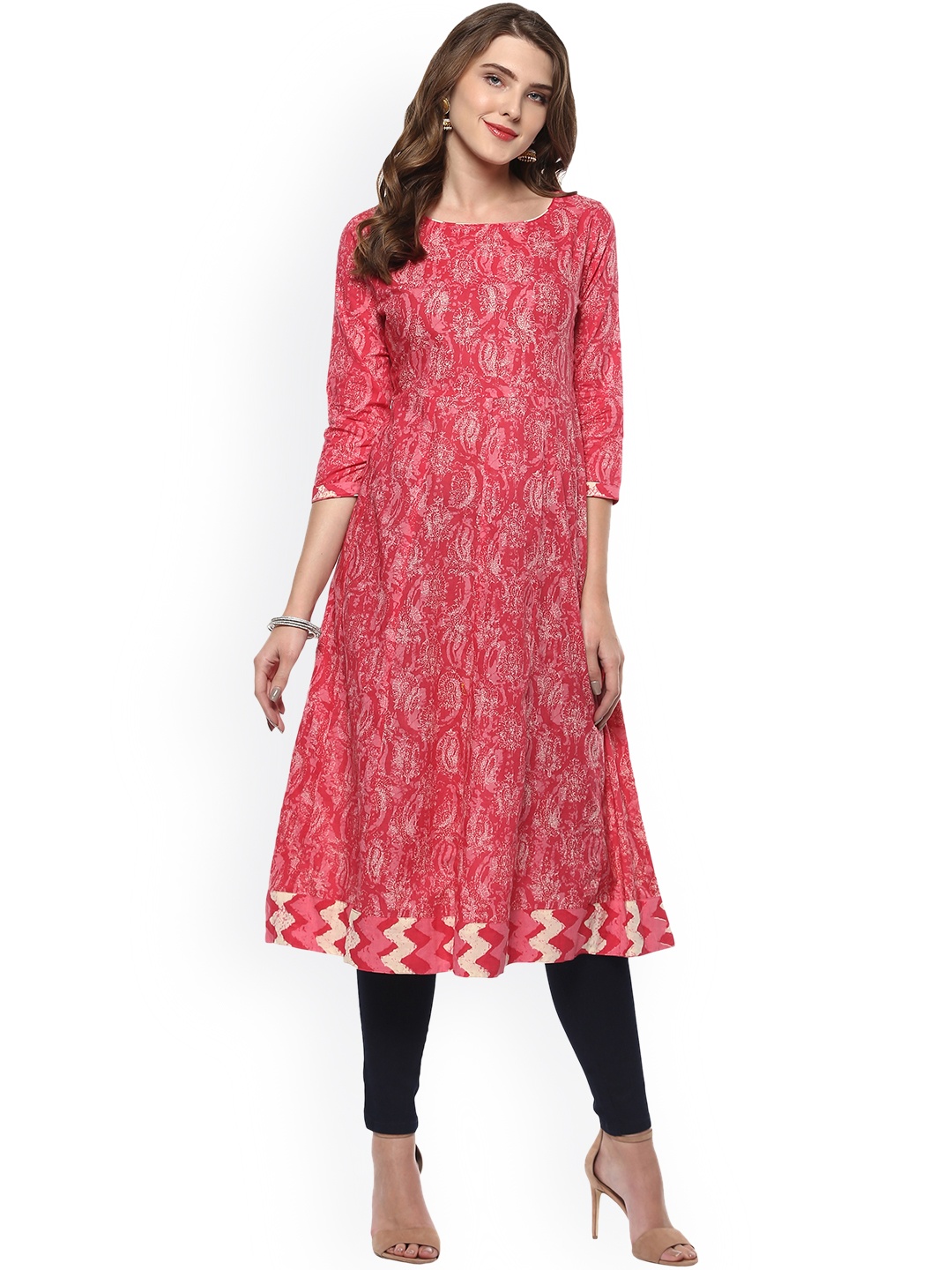 

Janasya Women Pink Printed Anarkali Kurta