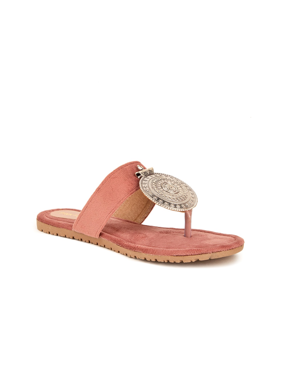 

Pink Fever Ethnic Embellished Suede T-Strap Flats