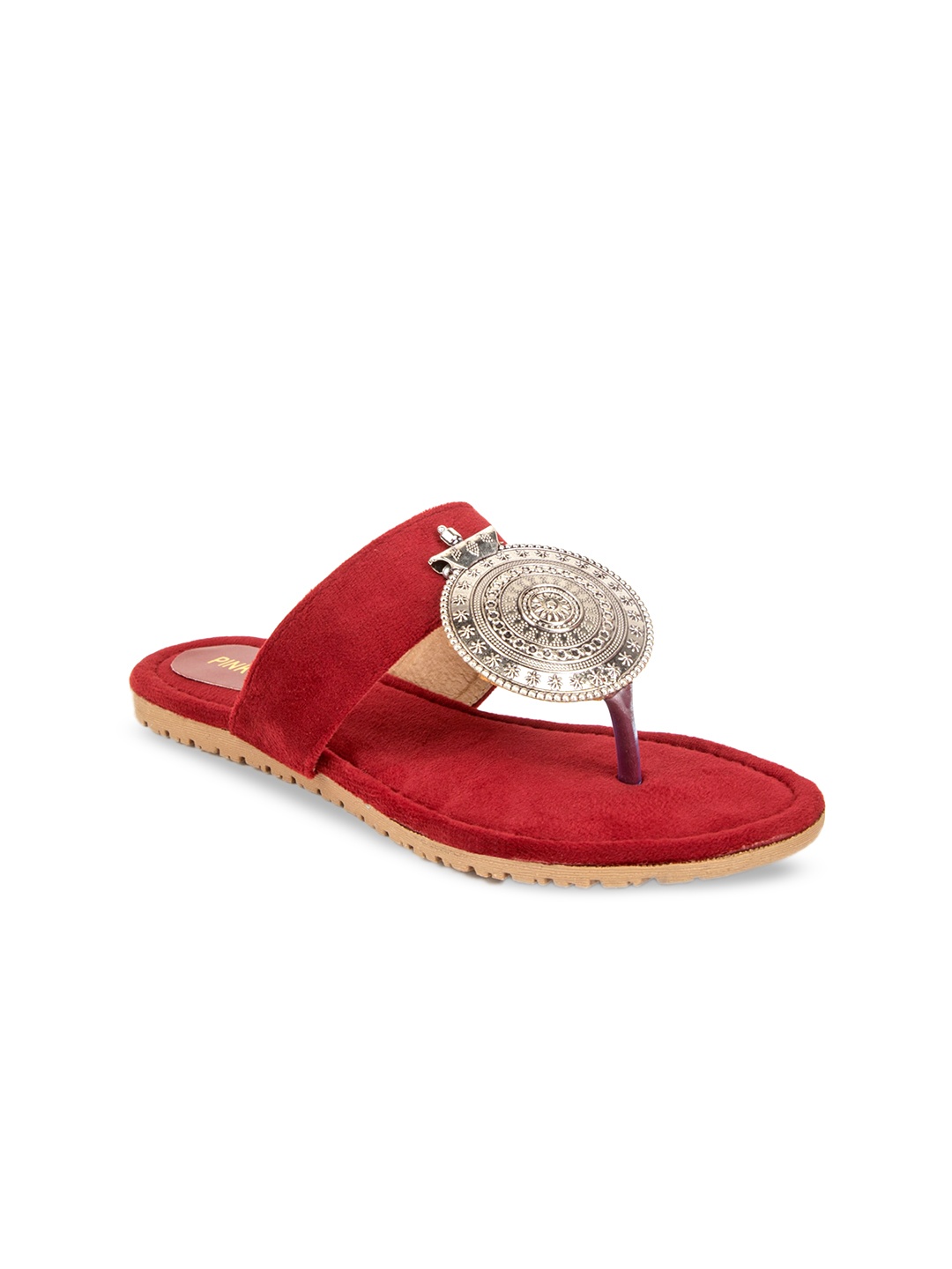 

Pink Fever Ethnic Embellished Suede T-Strap Flats, Maroon