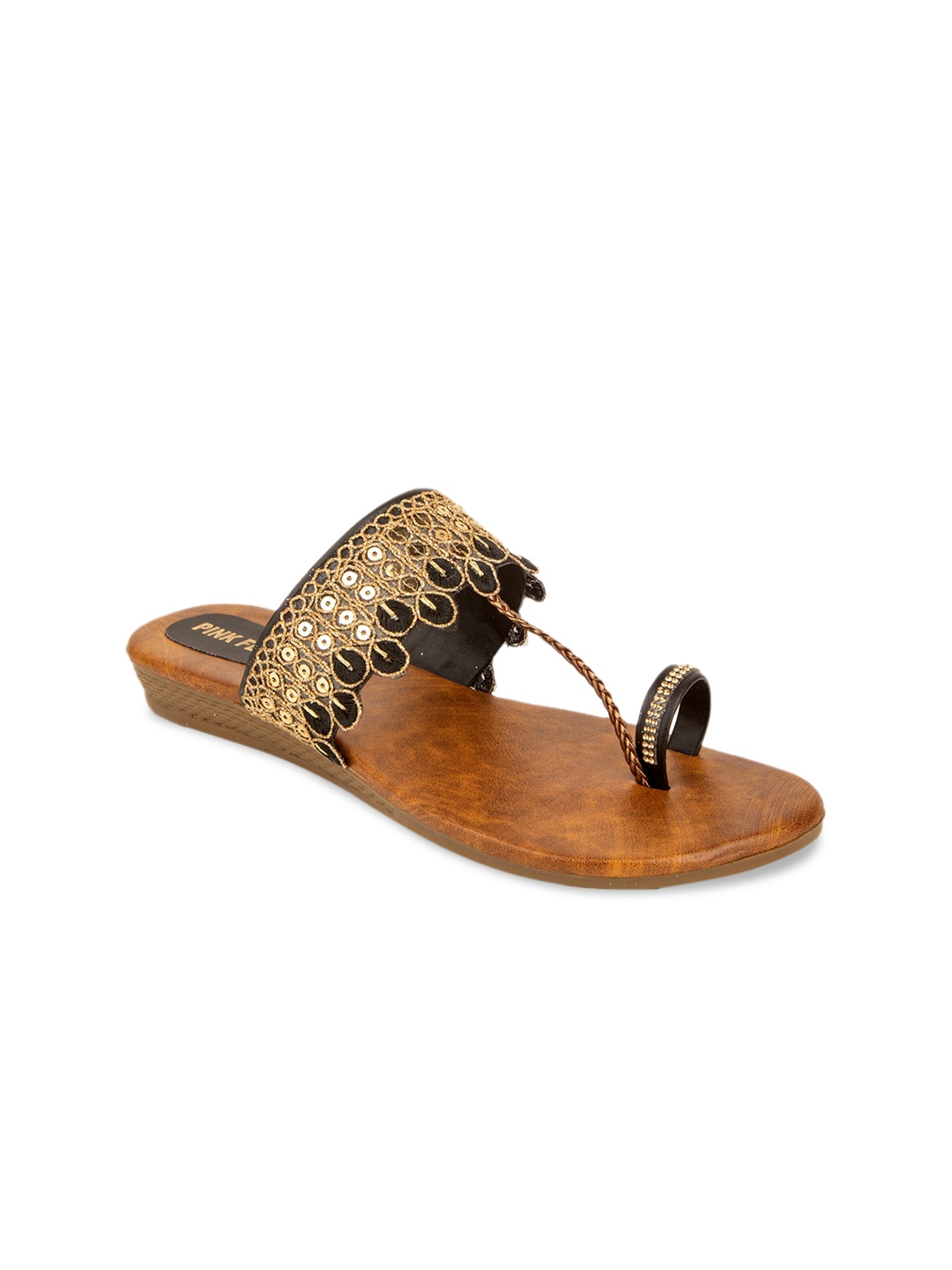 

Pink Fever Ethnic Embellished One Toe Flats, Black