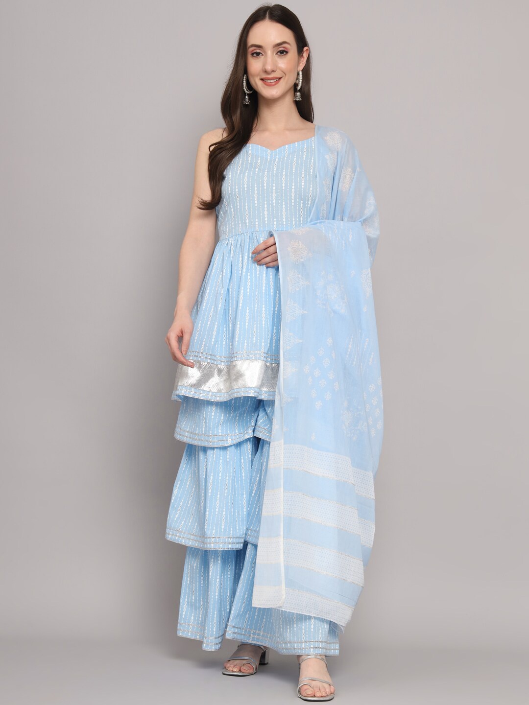 

KALINI Floral Embroidered Empire Pure Cotton Kurta with Sharara & Dupatta, Blue