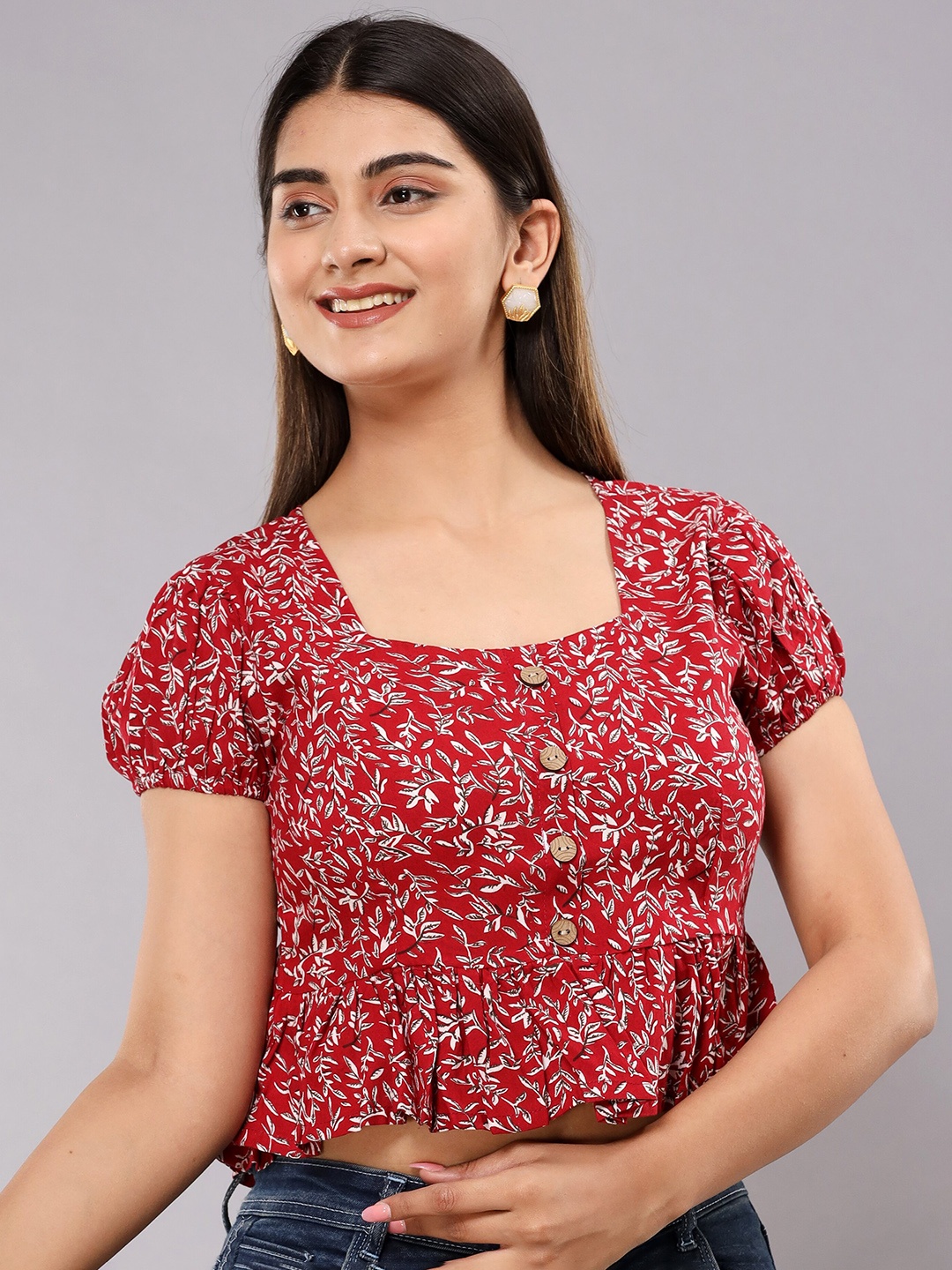 

Shedika Floral Printed Square Neck Puff Sleeves Crop Top, Red