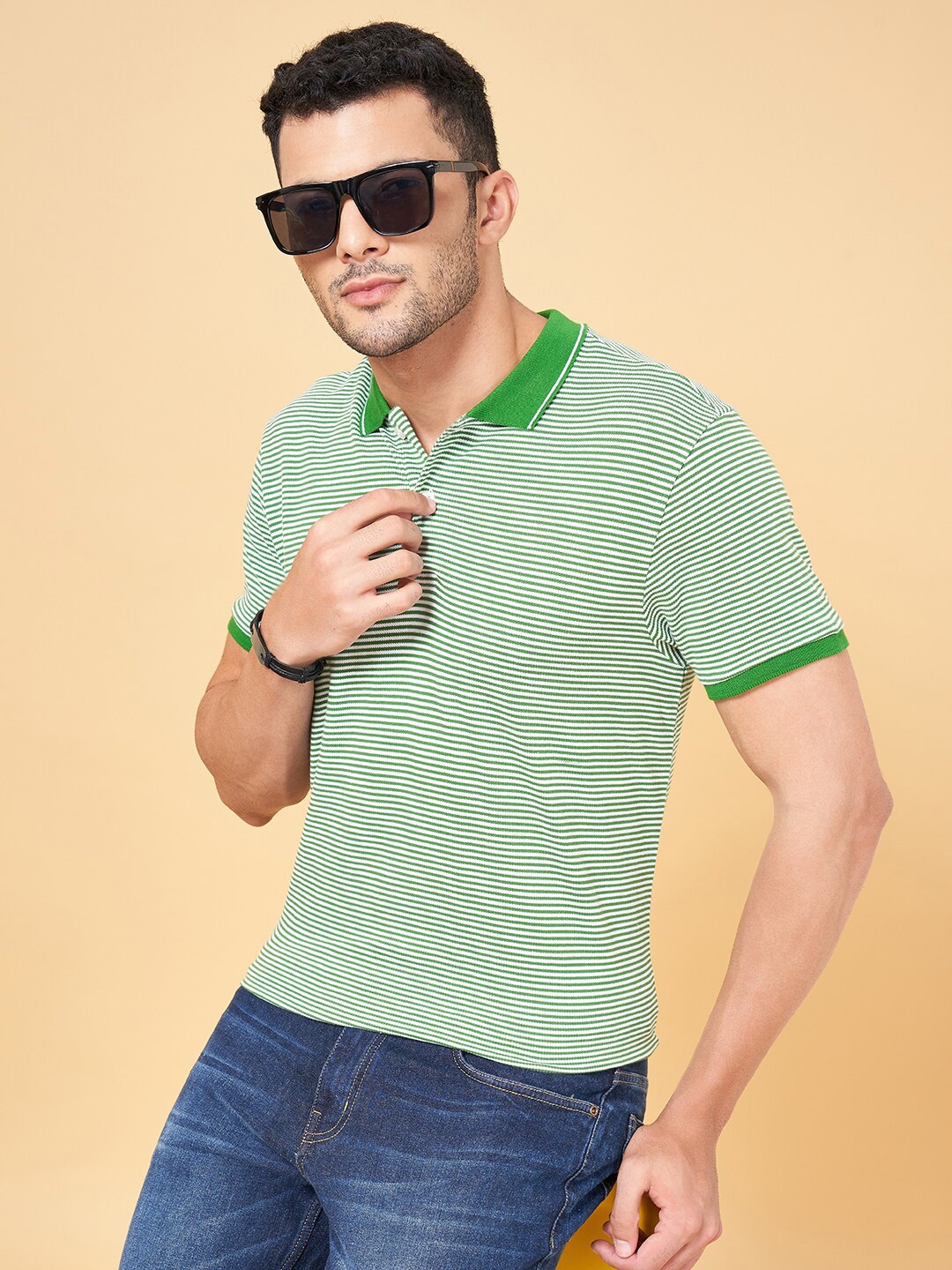 

YU by Pantaloons Striped Polo Collar Cotton T-Shirt, Green