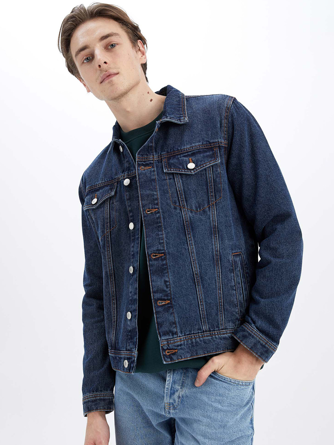 

DeFacto Men Washed Pure Cotton Crop Denim Jacket, Navy blue