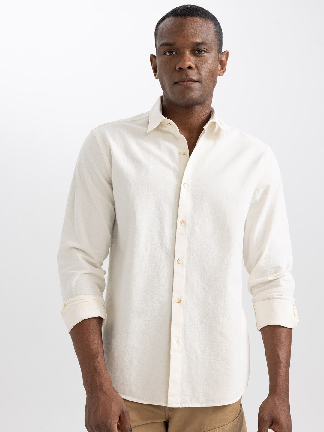 

DeFacto Spread Collar Casual Cotton Linen Shirt, Off white