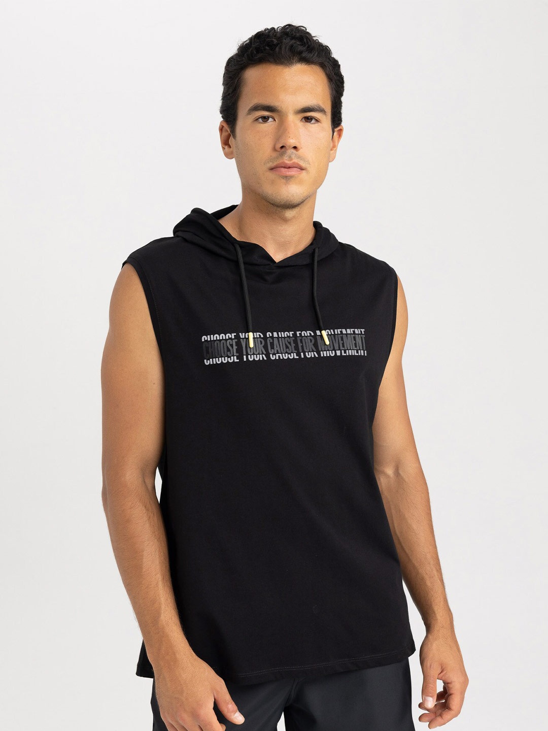 

DeFacto Typography Printed Hooded Sleeveless Pure Cotton T-shirt, Black