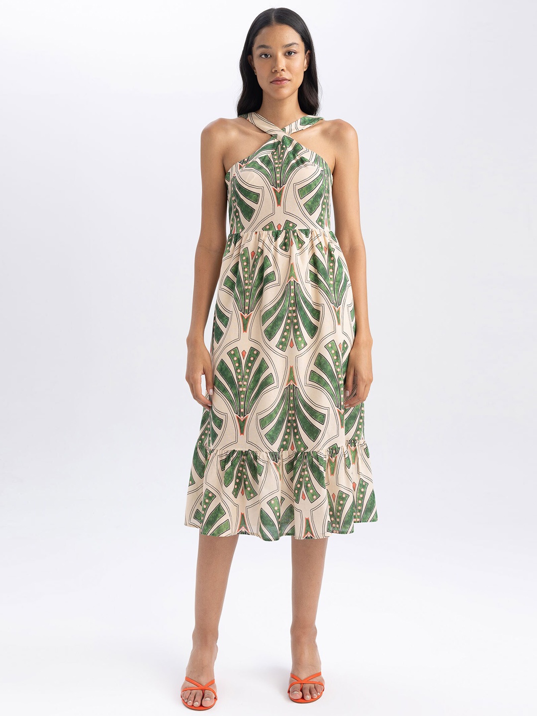 

DeFacto Tropical Print Fit & Flare Midi Dress, Na