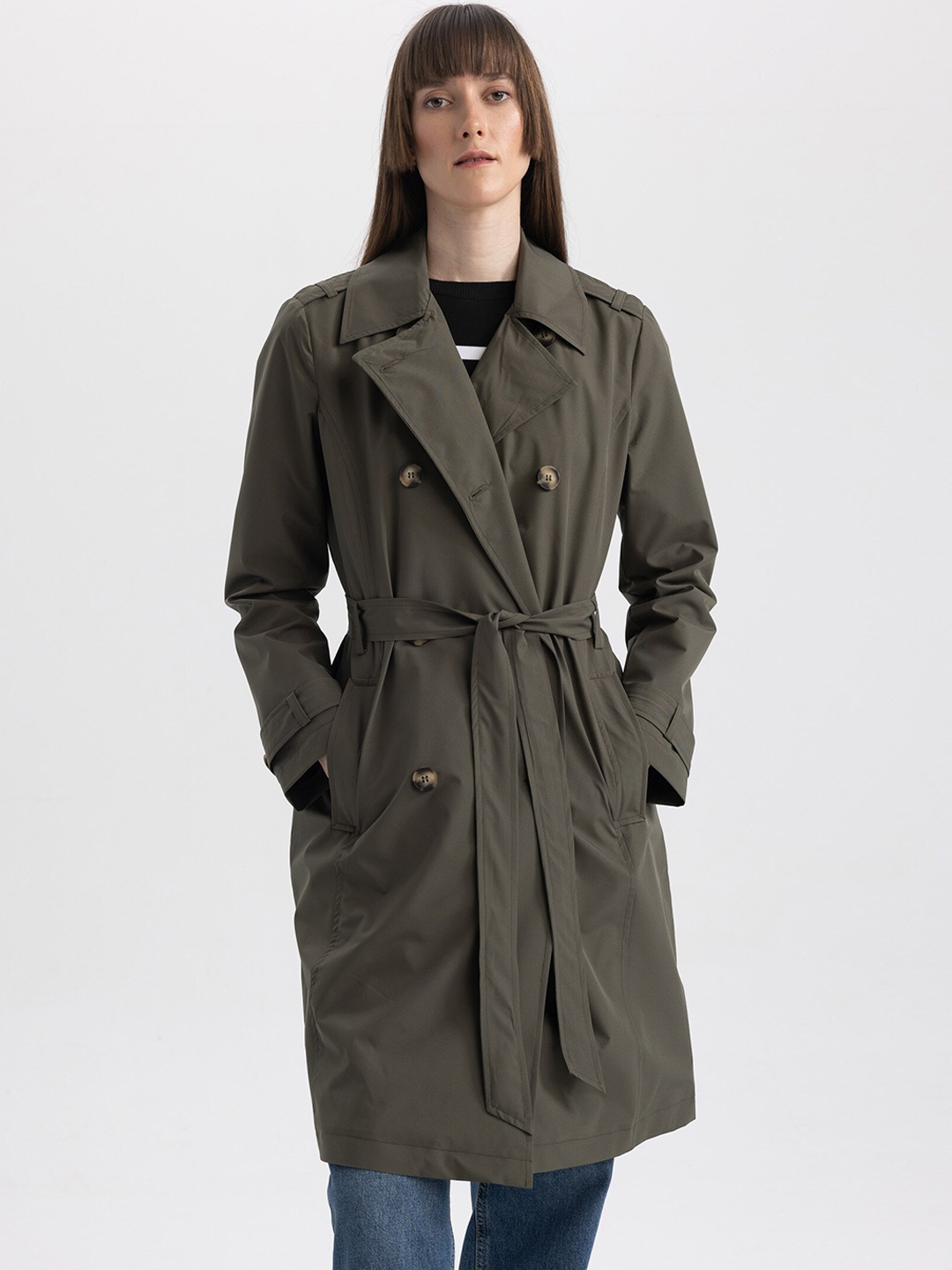 

DeFacto Belted Lapel Collar Longline Tailored Jacket, Olive