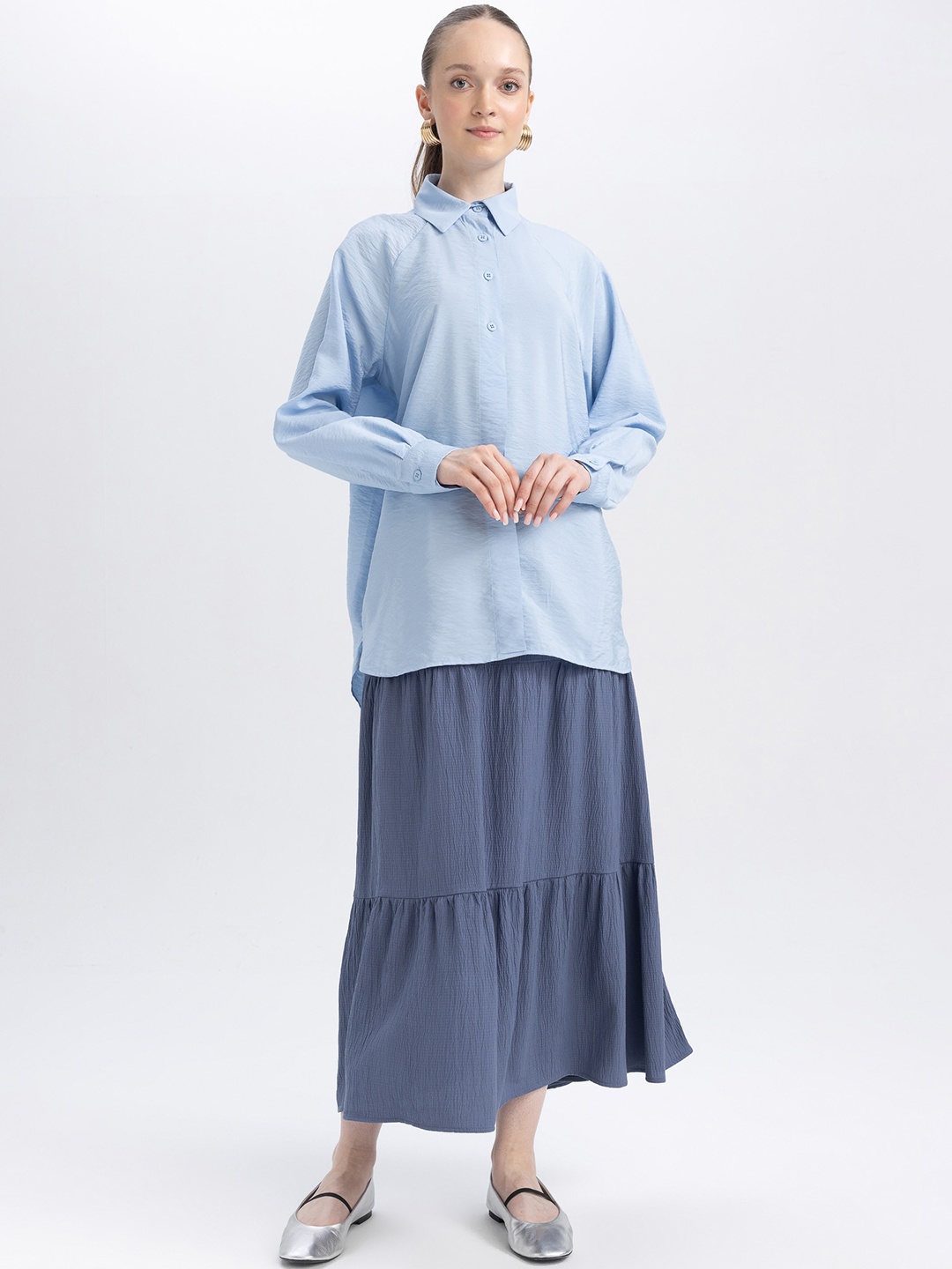 

DeFacto Tiered Flared Midi Skirt, Blue