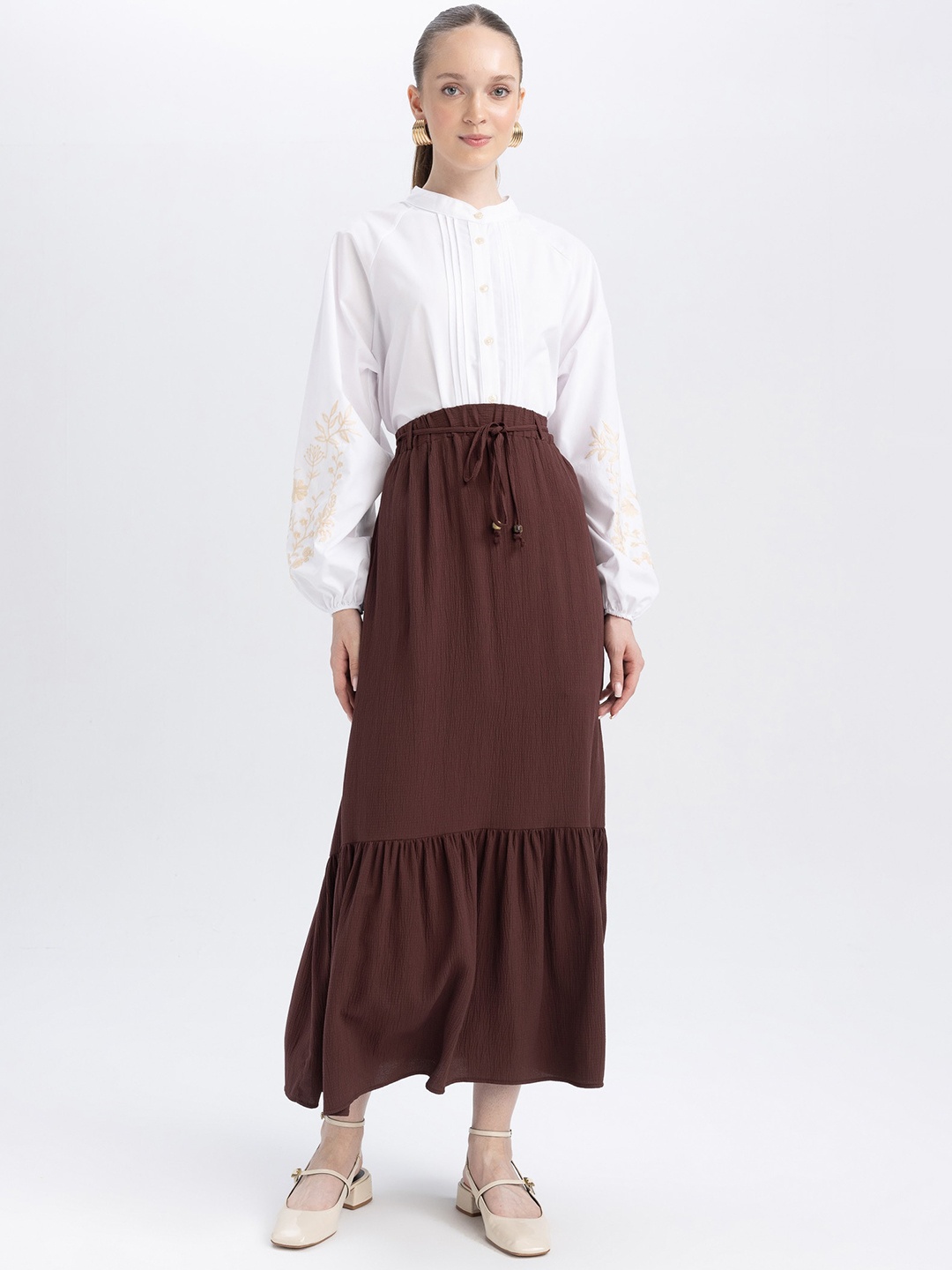 

DeFacto Flared Tiered Maxi Skirt, Brown