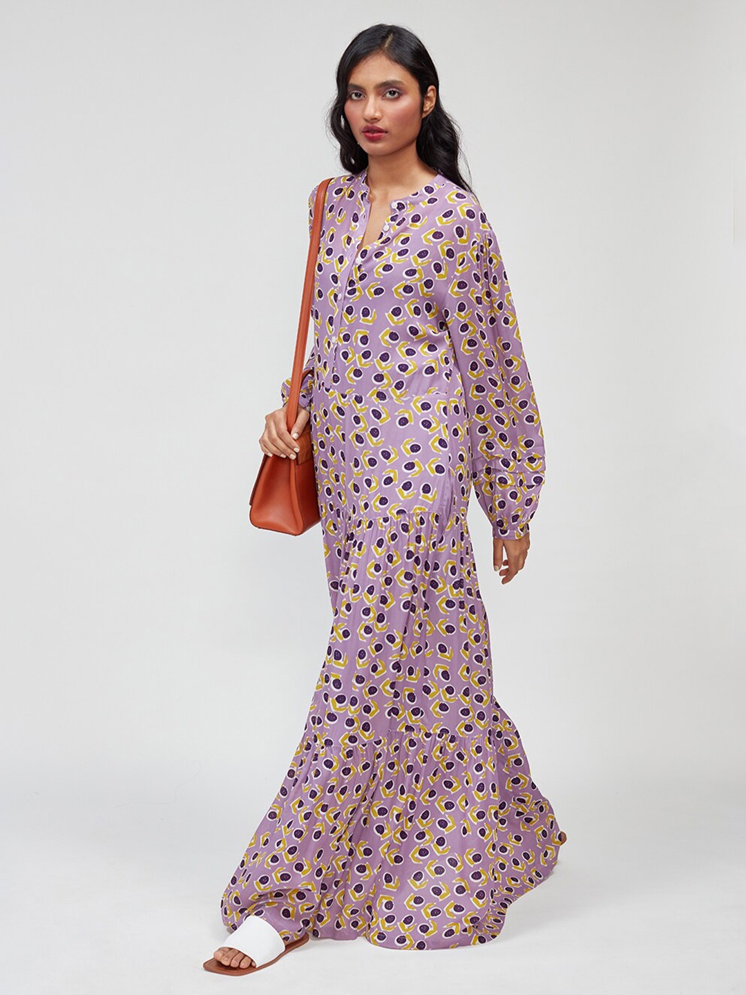 

Bhaane Printed Mandarin Collar Maxi Dress, Lavender