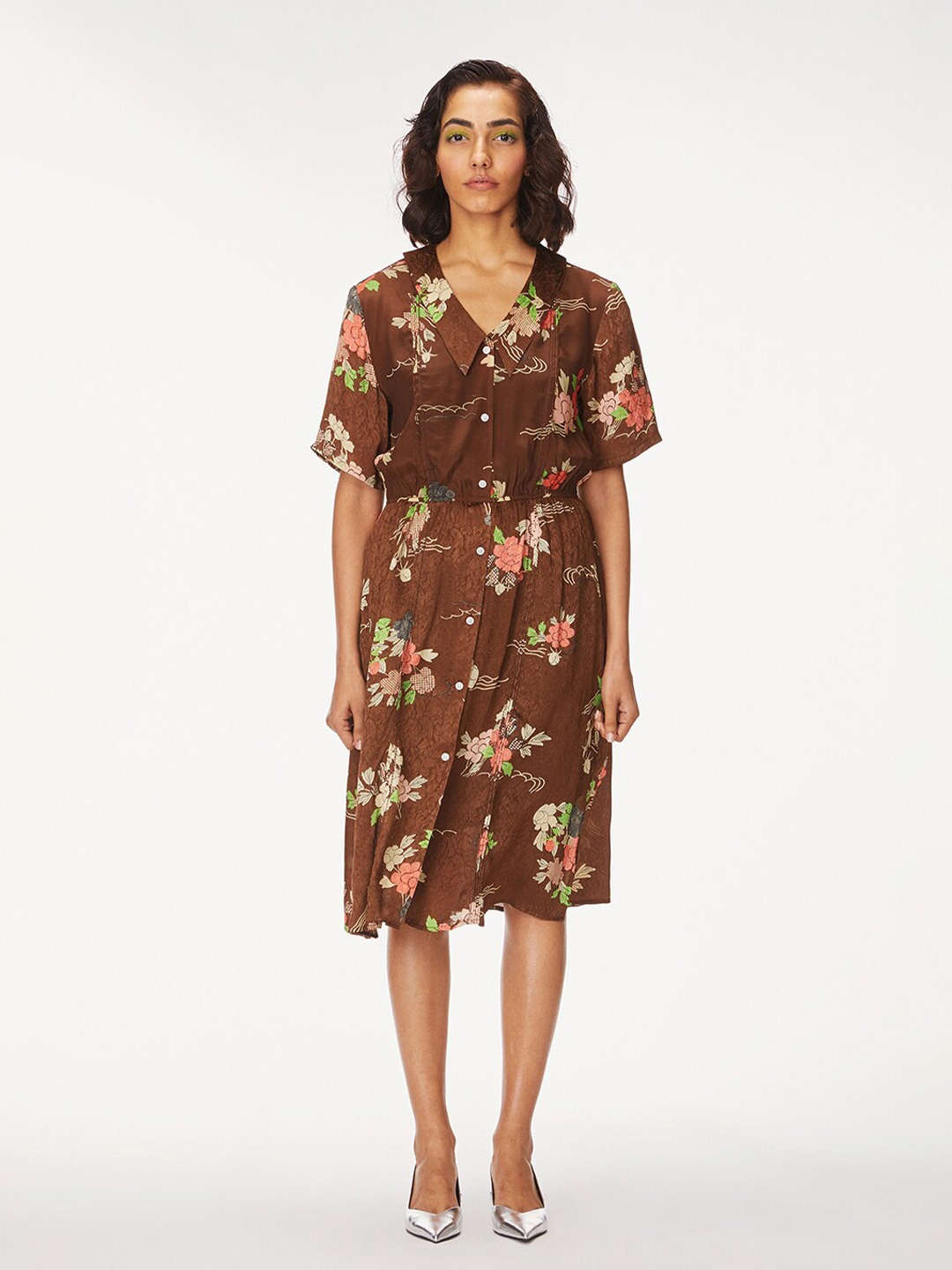

Bhaane Floral Print V-Neck Fit & Flare Dress, Brown