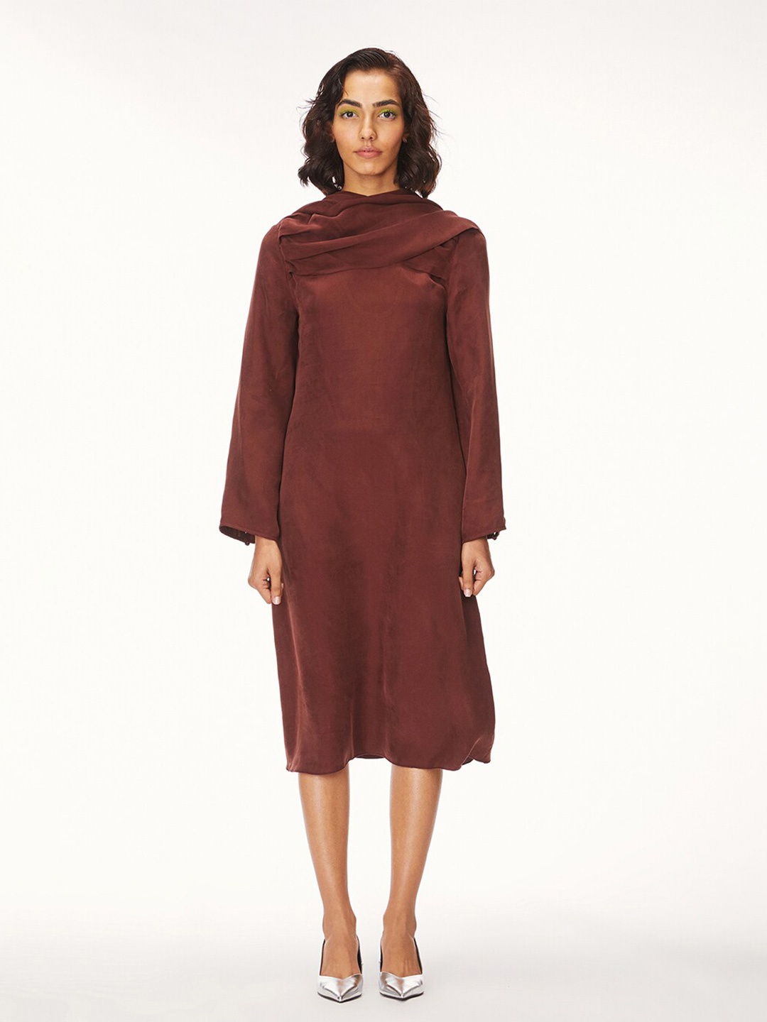 

Bhaane Mock Collar A-Line Midi Dress, Maroon