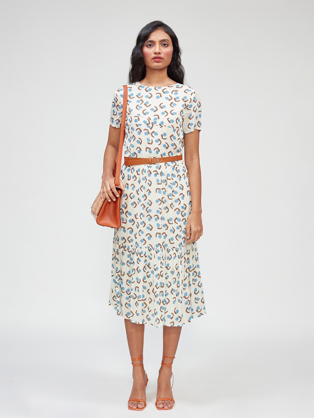 

Bhaane Floral Printed A-Line Cotton Midi Dress, White
