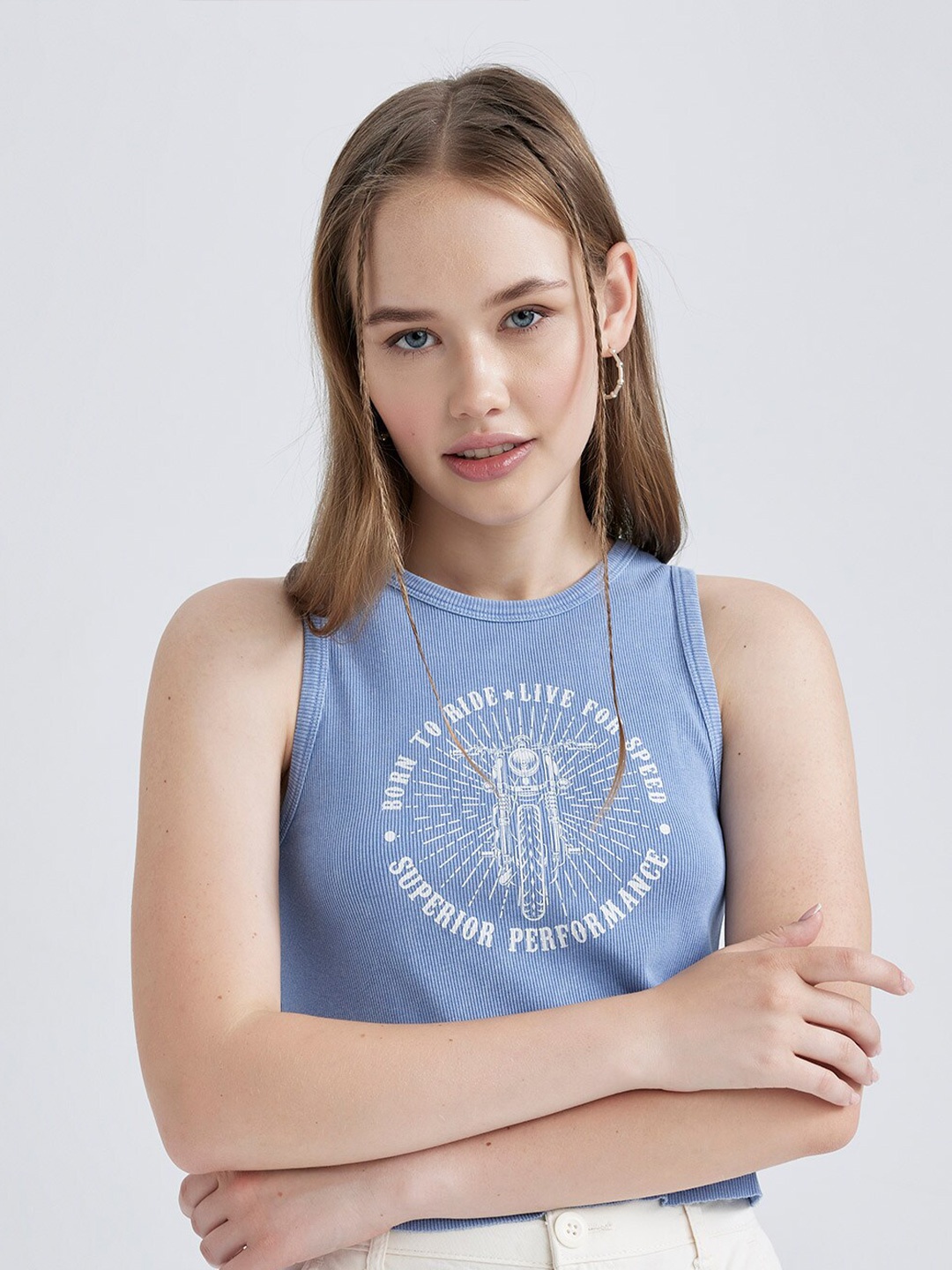 

DeFacto Print Sleeveless Cotton Top, Blue