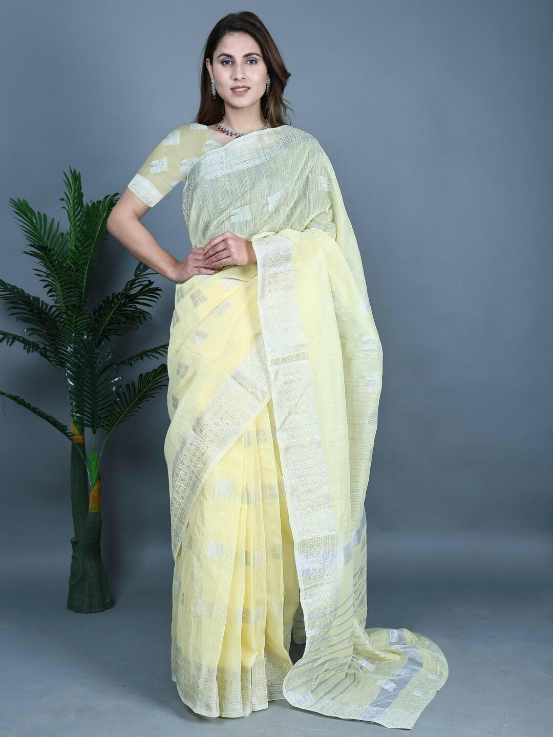 

Paramparik Textile Yellow & Gold-Toned Woven Design Zari Linen Blend Bhagalpuri Saree