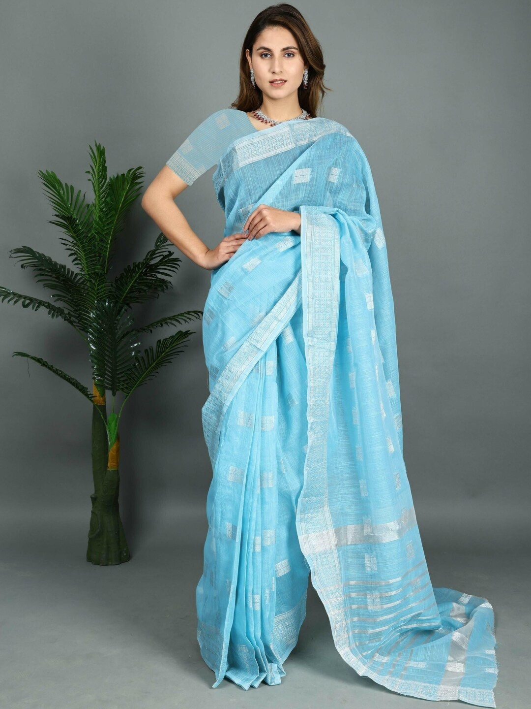 

Paramparik Textile Blue & Gold-Toned Woven Design Zari Linen Blend Bhagalpuri Saree