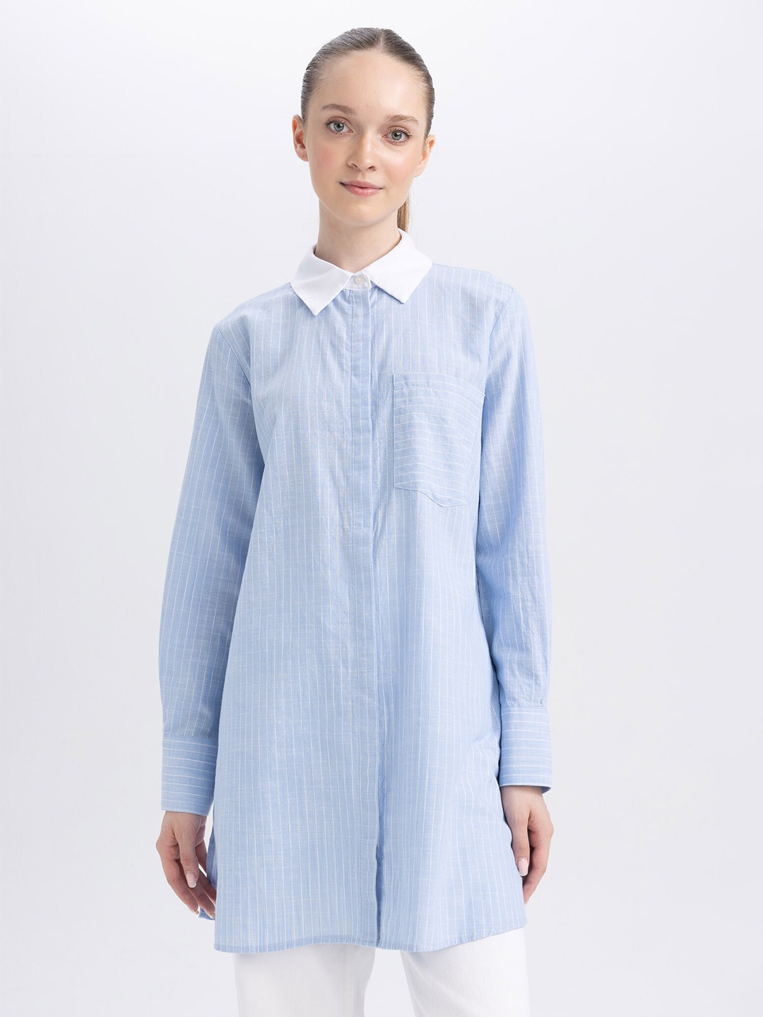 

DeFacto Striped Longline Cotton Casual Shirt, Blue