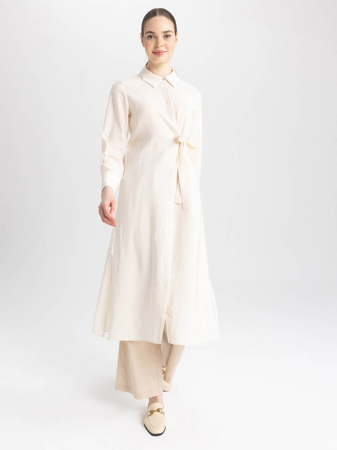 

DeFacto Modal Shirt Collar Long Tunic, Off white