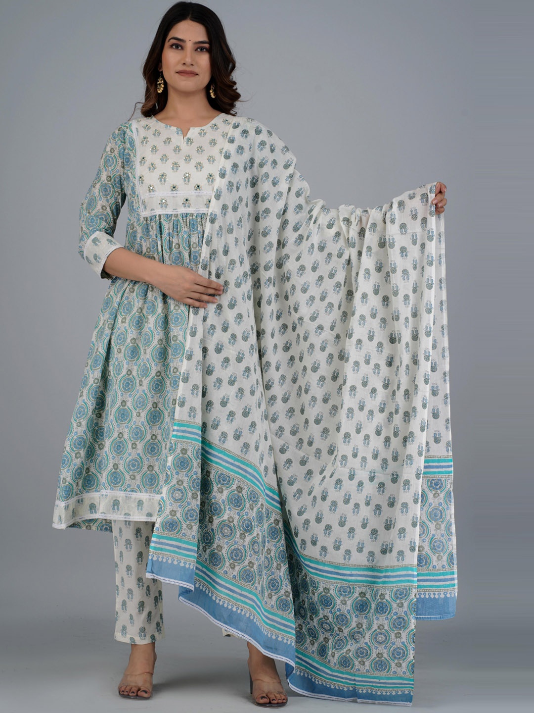 

JAIPURI COLLECTION Ethnic Motifs Printed Mirror Work Pure Cotton Kurta Set, Blue