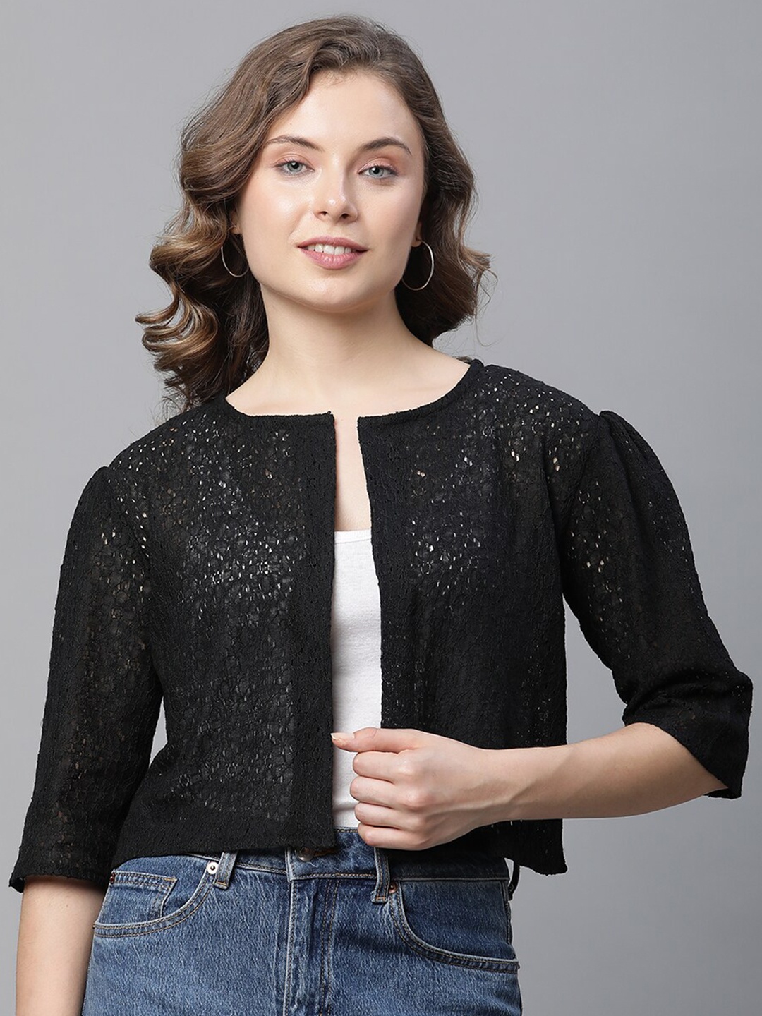 

UnaOne Self Design Pure Cotton Shrug, Black