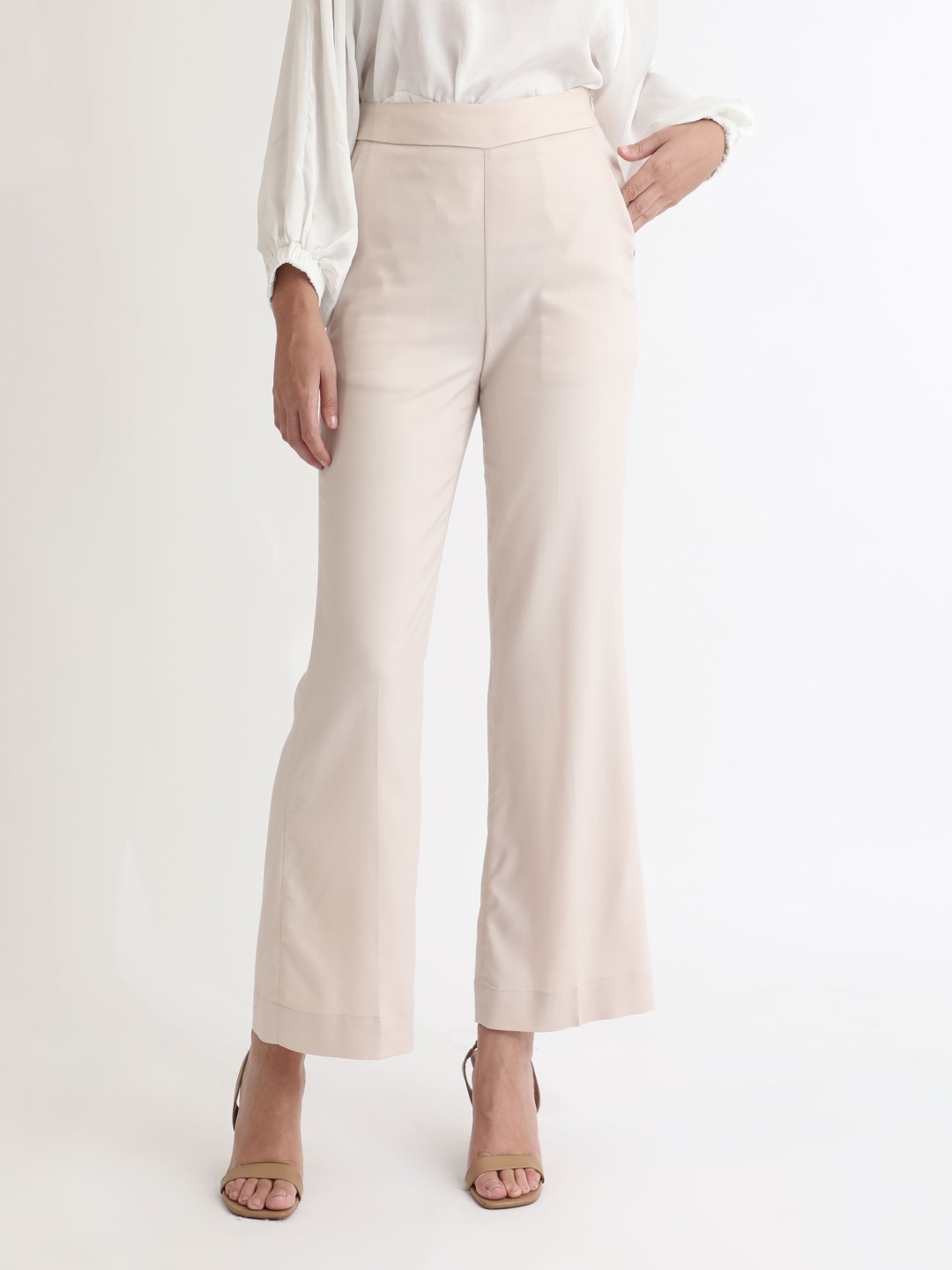 

RAREISM Women Slim Fit Bootcut Trousers, Beige