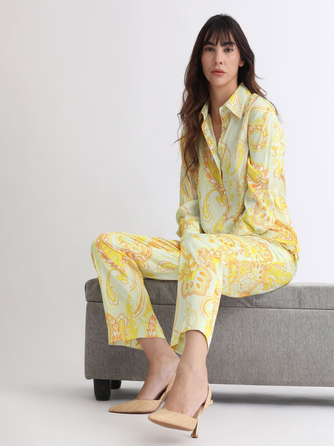 

RAREISM Women Paisley Print Satin Trousers, Yellow