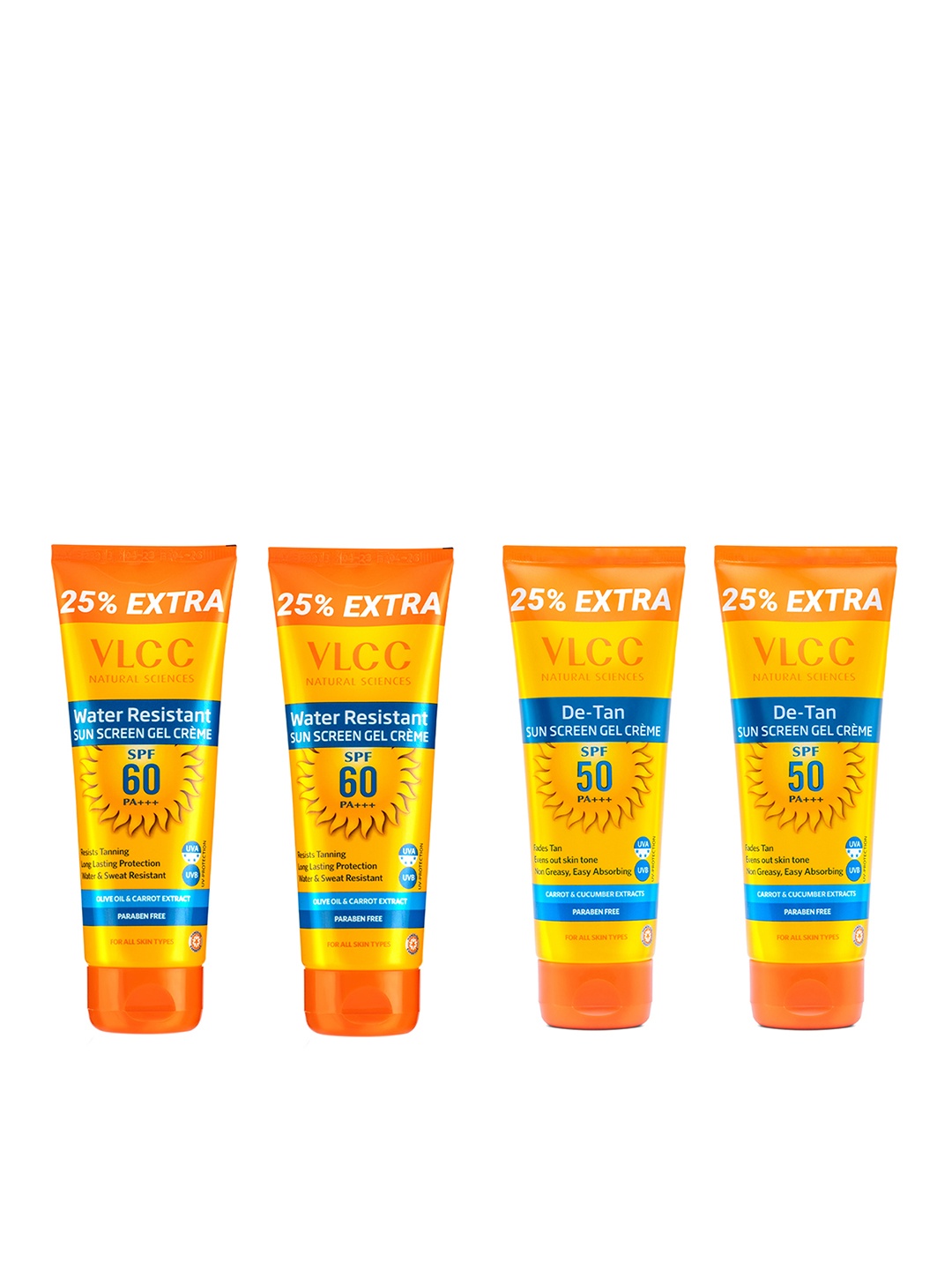 

VLCC Set of 2 Water Resistant SPF60 Sunscreen 125g & 2 DeTan SPF50 Sunscreen 125g, Yellow