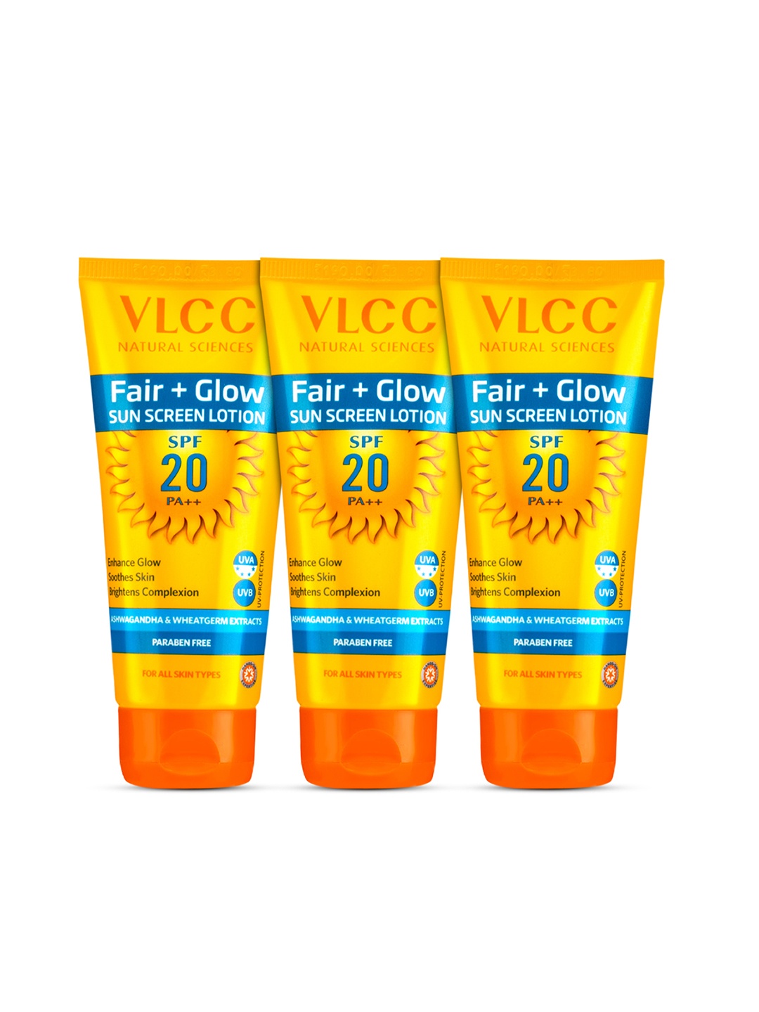 

VLCC Set of 3 Fair+Glow SunScreen Lotion SPF20 - 50ml each, Orange