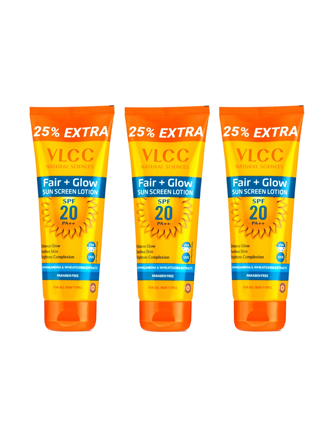 

VLCC Set of 3 Fair+Glow Sunscreen Lotion SPF20 - 125ml each, Orange