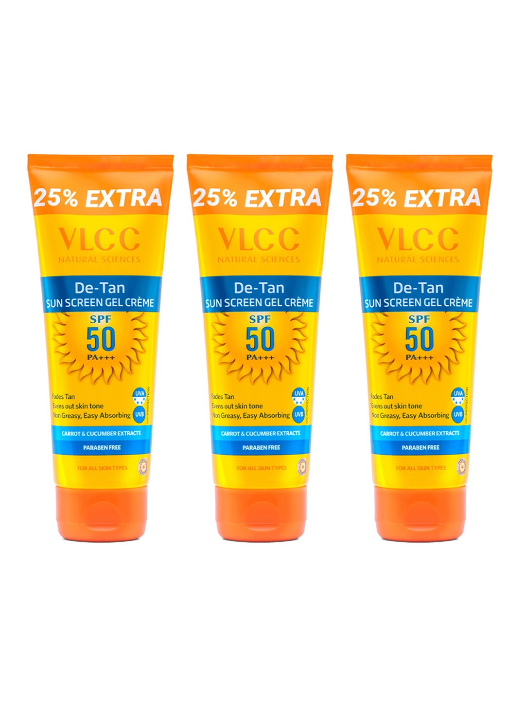 

VLCC Set of 3 De Tan SPF 50 PA+++ Sunscreen Gel Cream - 100g each with 25 g Extra, Yellow