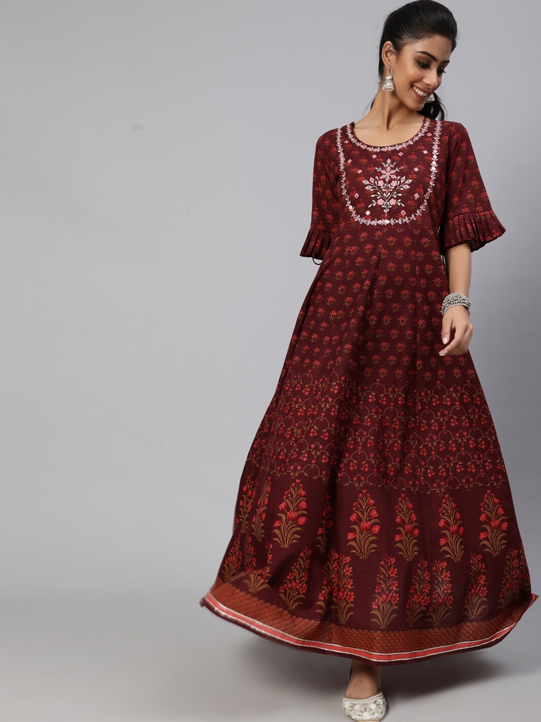 

AKS Couture Ethnic Motifs Printed Embellished Flared Sleeve Cotton Maxi Dress, Maroon