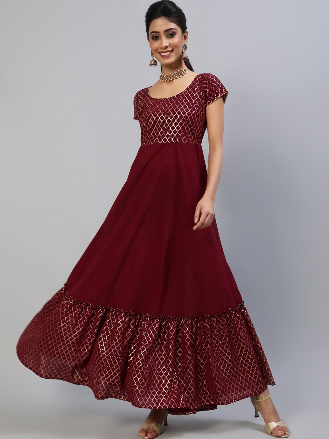 

AKS Couture Ethnic Motifs Printed Georgette Maxi Dress, Maroon